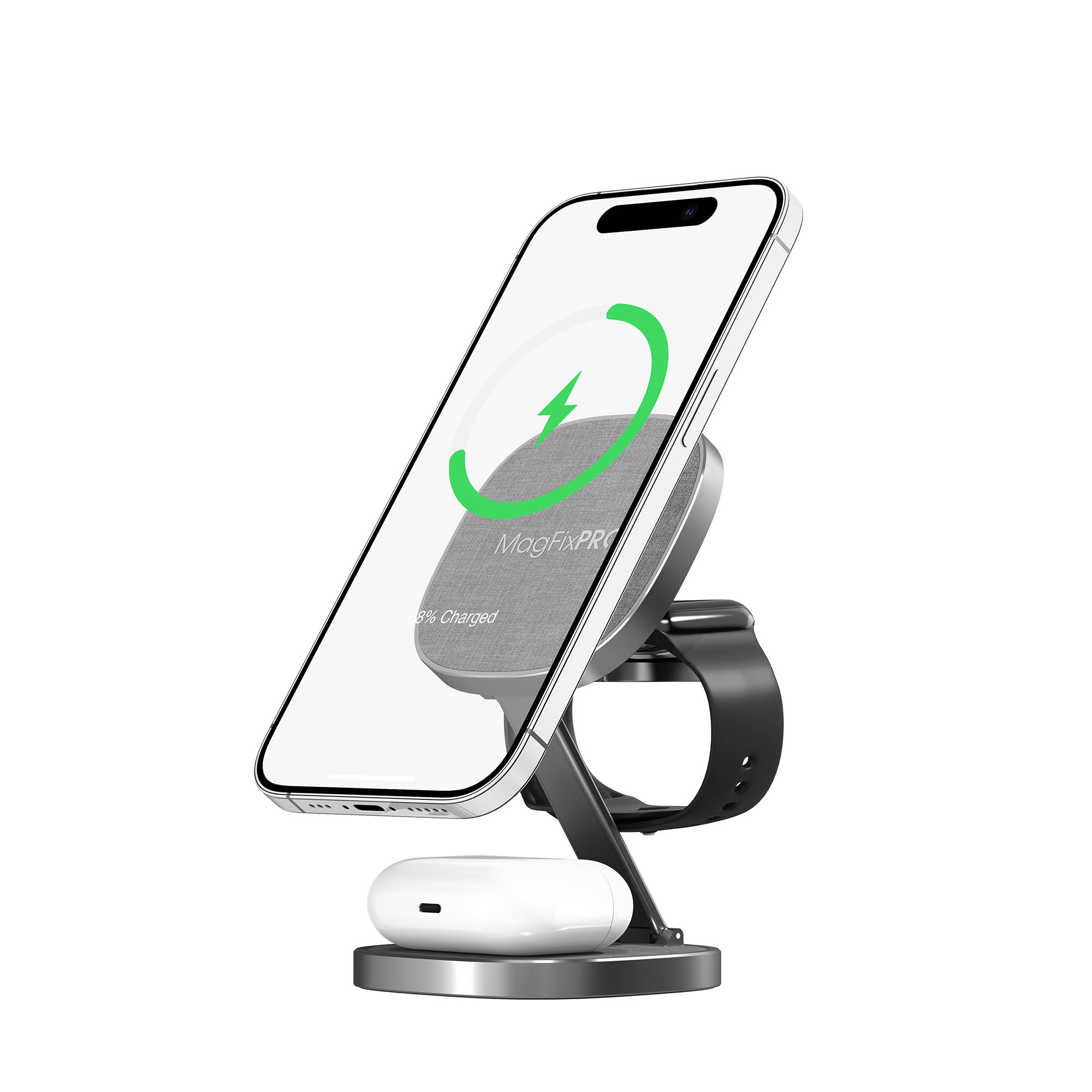 Telefon wird auf einem Ständer geladen. Apple Watch und AirPods befinden sich ebenfalls auf dem Ständer.