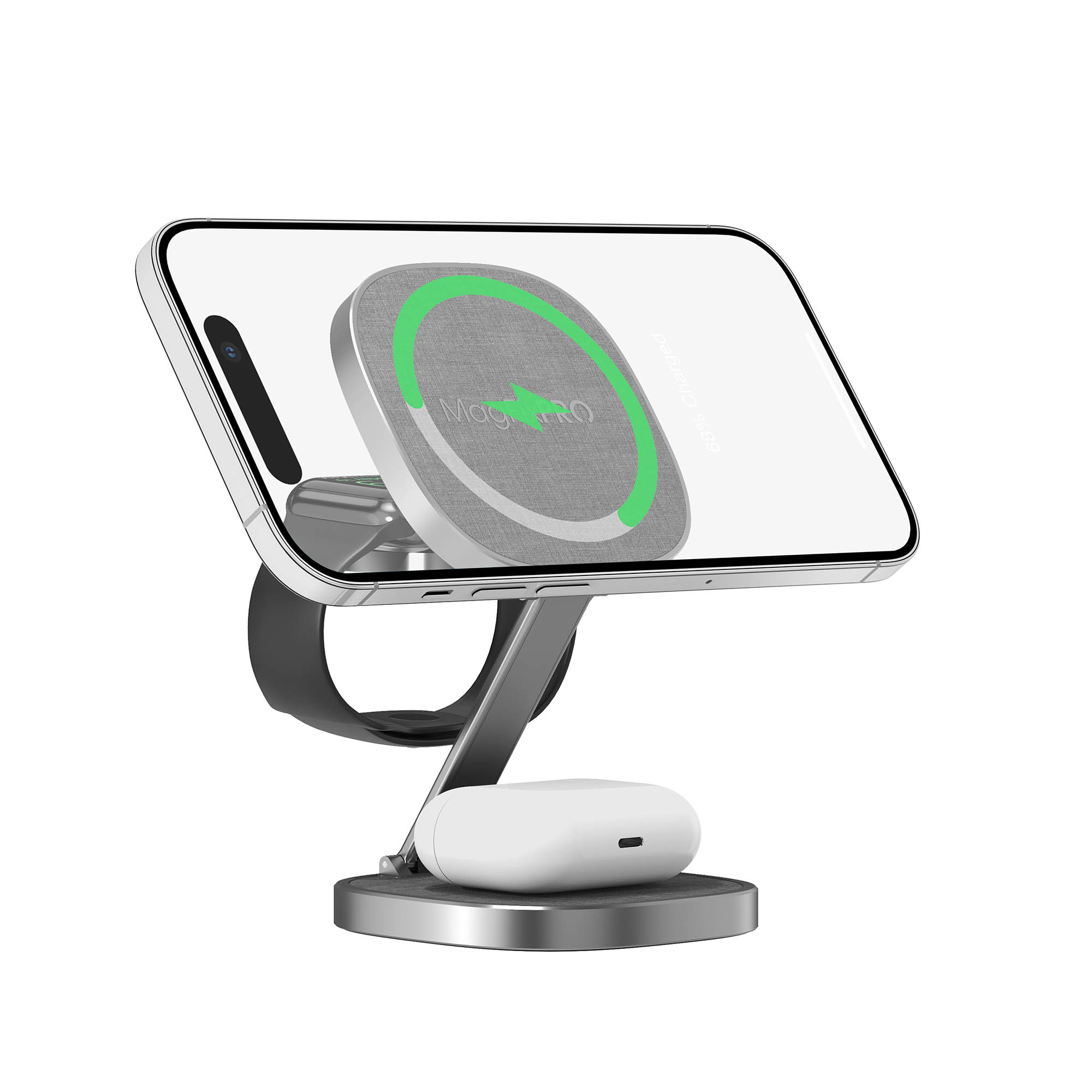 Ein Telefon wird auf einem Ständer aufgeladen. Das Telefon hat ein MagSafe-Ladegerät. Eine Uhr und Ohrhörer sind ebenfalls vorhanden.