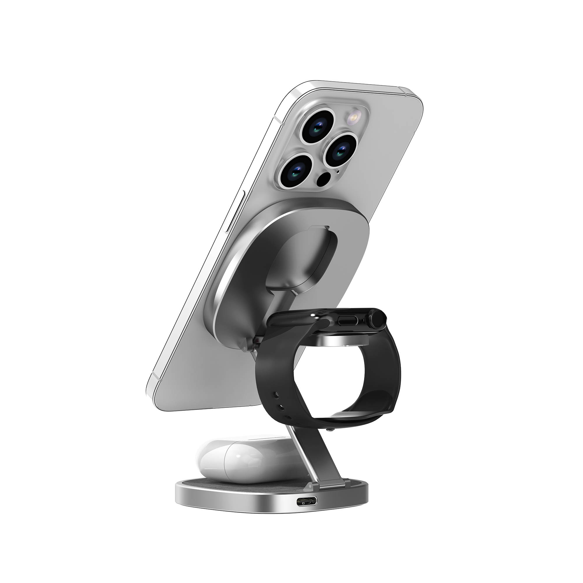 Silberner Telefonständer mit Telefon, Uhr und Ohrhörern. Weißer Hintergrund.