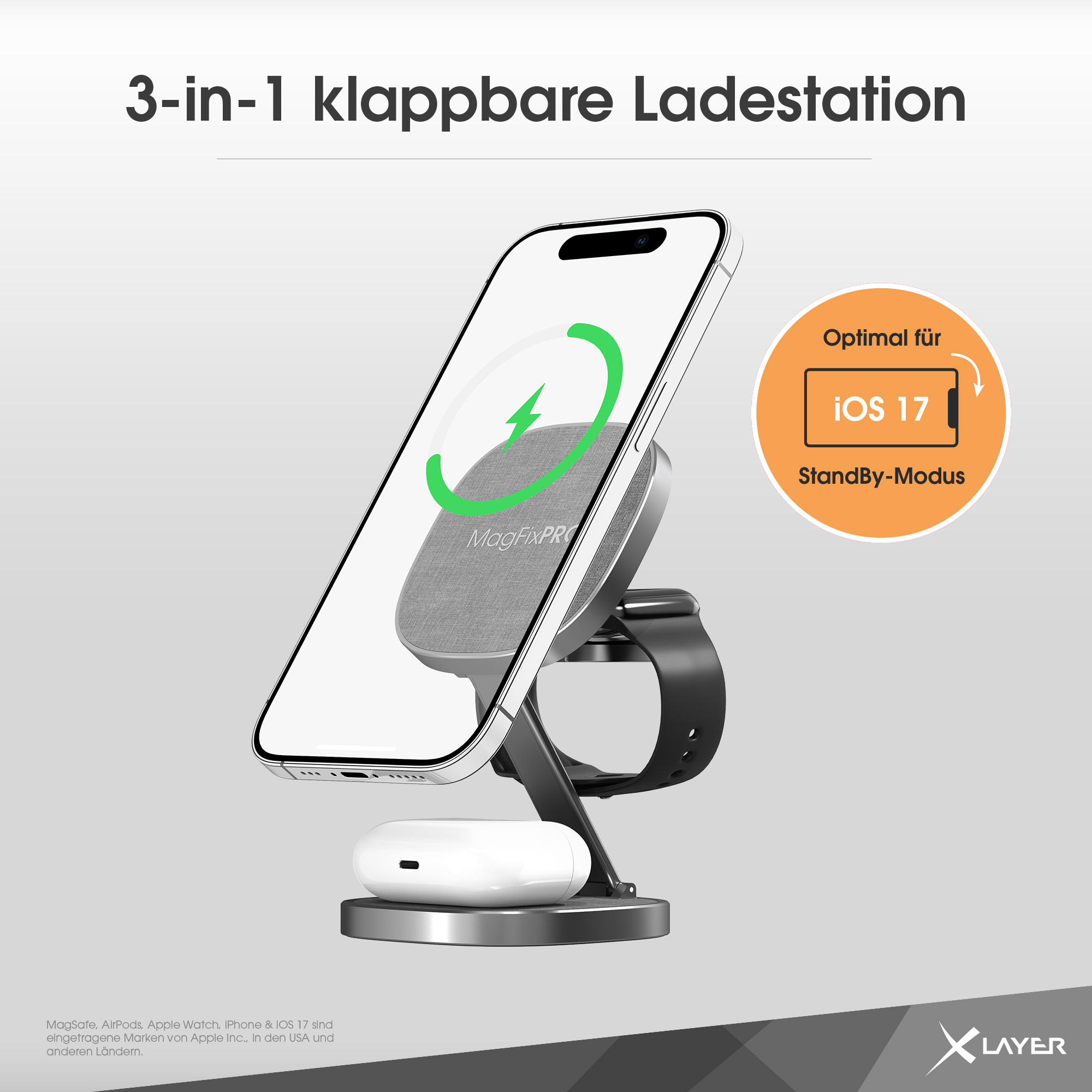 Ladestation mit Telefon, Uhr und Ohrhörern. Weiß und schwarz, mit grünem Ladesymbol auf dem Telefonbildschirm.