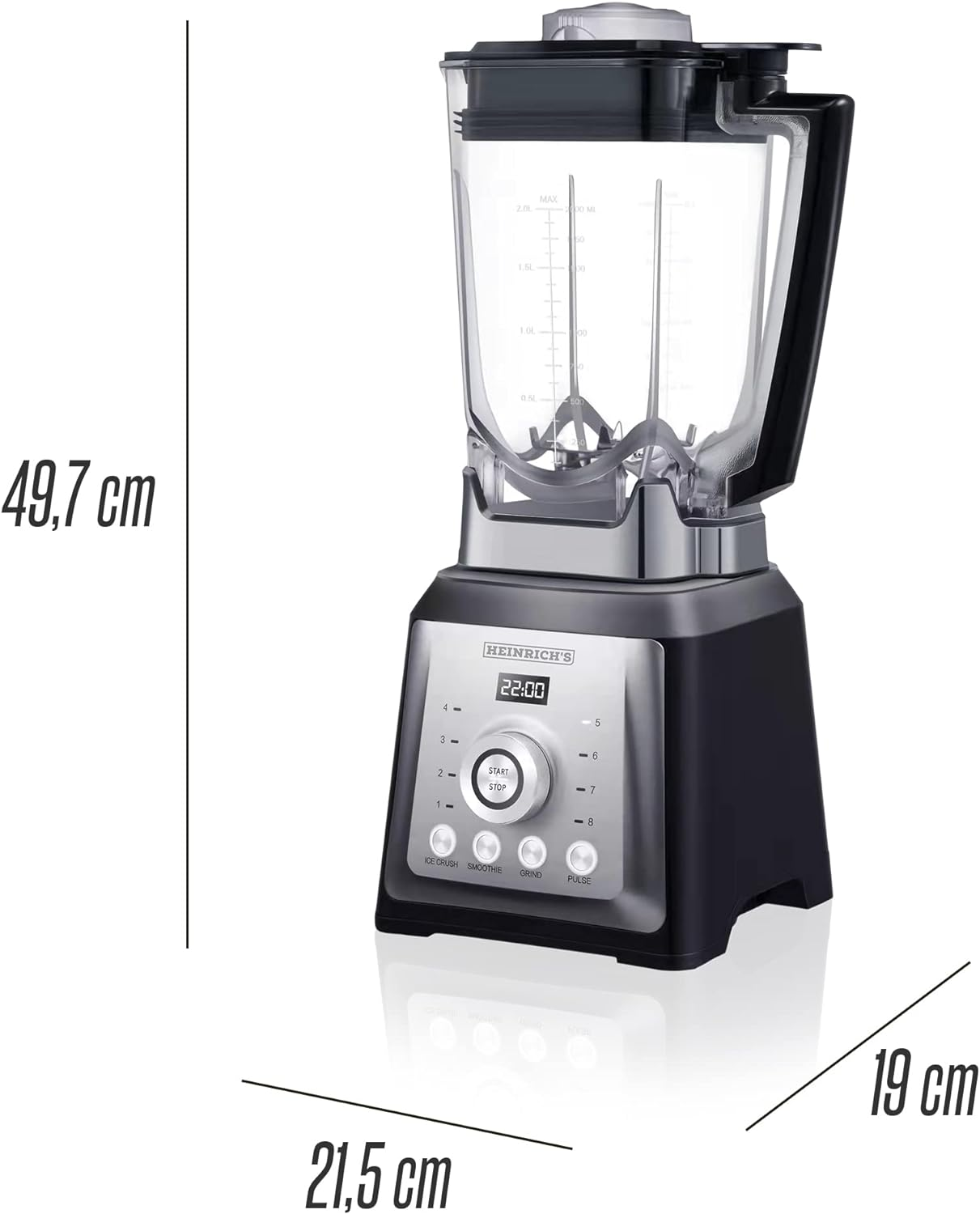 Ein schwarz-silberner Mixer mit den Maßen: 49,7 cm Höhe, 21,5 cm Breite und 19 cm Tiefe.
