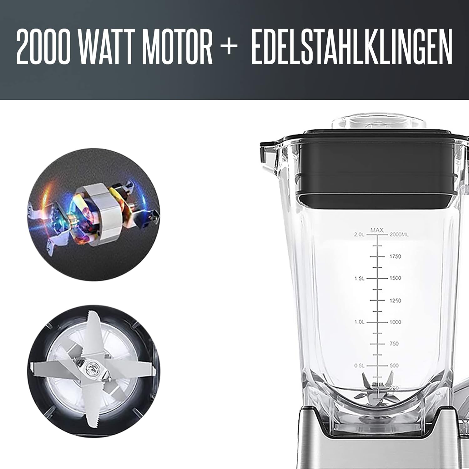 Mixer mit Motor- und Klingendetails. Text: 2000 Watt Motor + Edelstahlklingen.