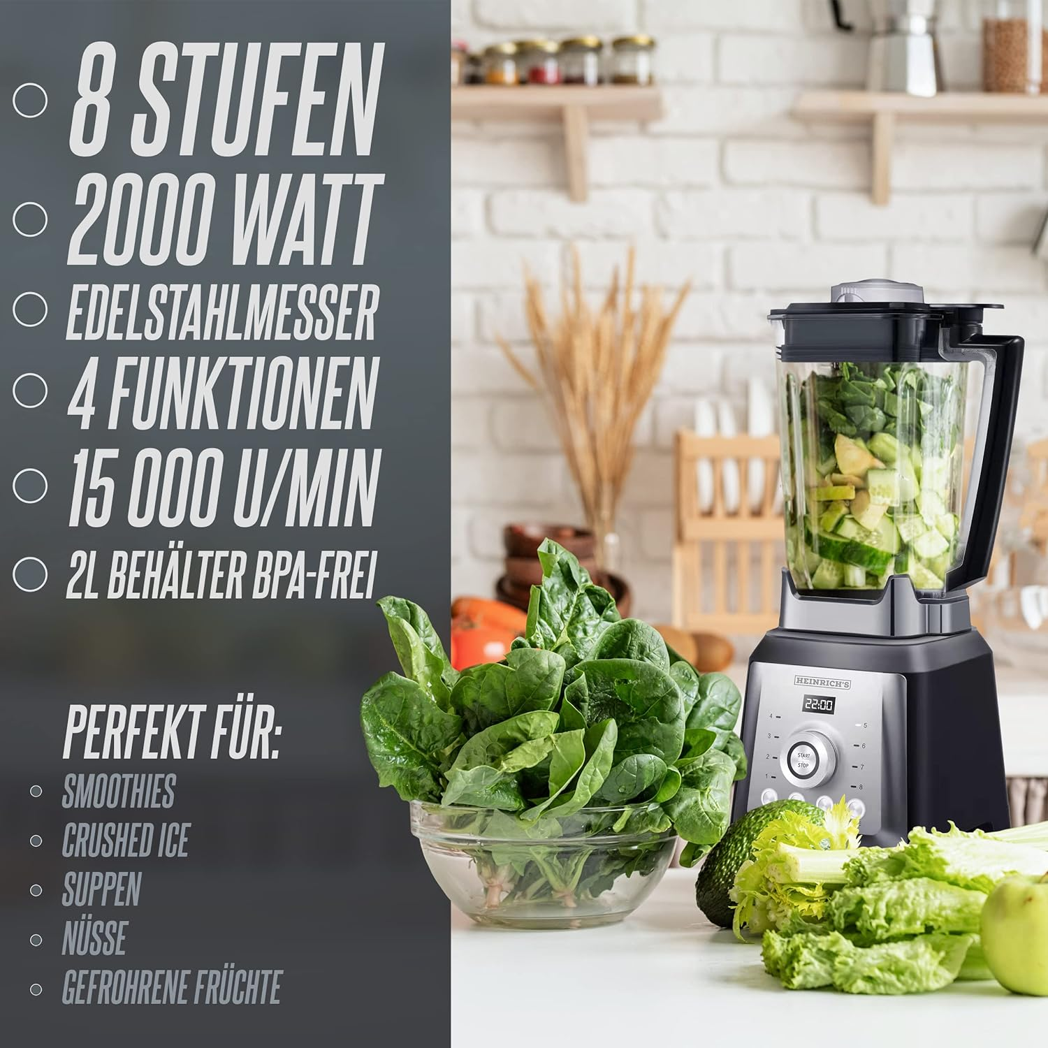Ein Mixer mit Zutaten: Spinat, Gurke und Apfel, mit Text über seine Funktionen.