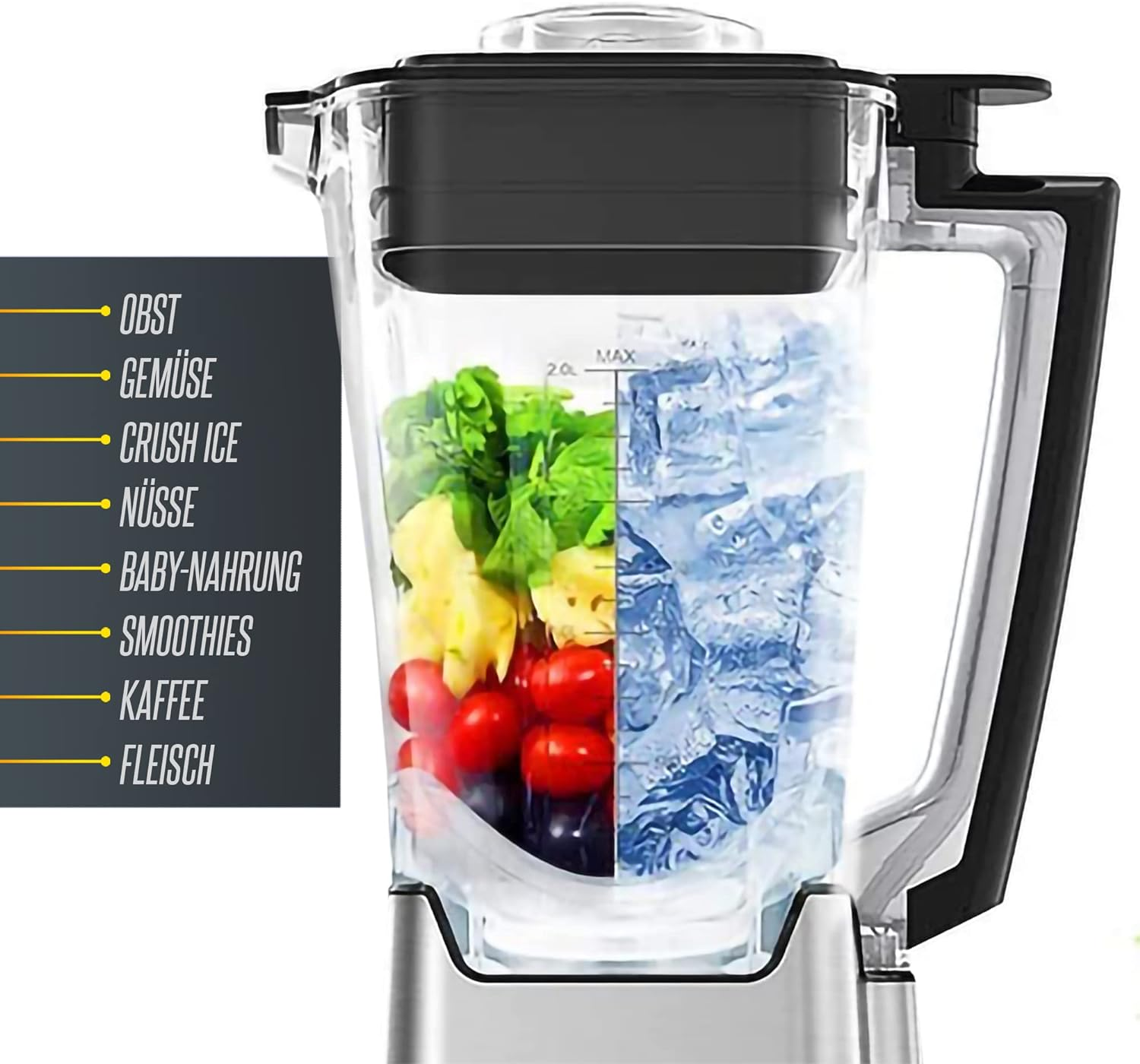 Ein Mixer mit Zutaten: Obst, Gemüse, Eis usw. Etiketten zeigen den Inhalt an.