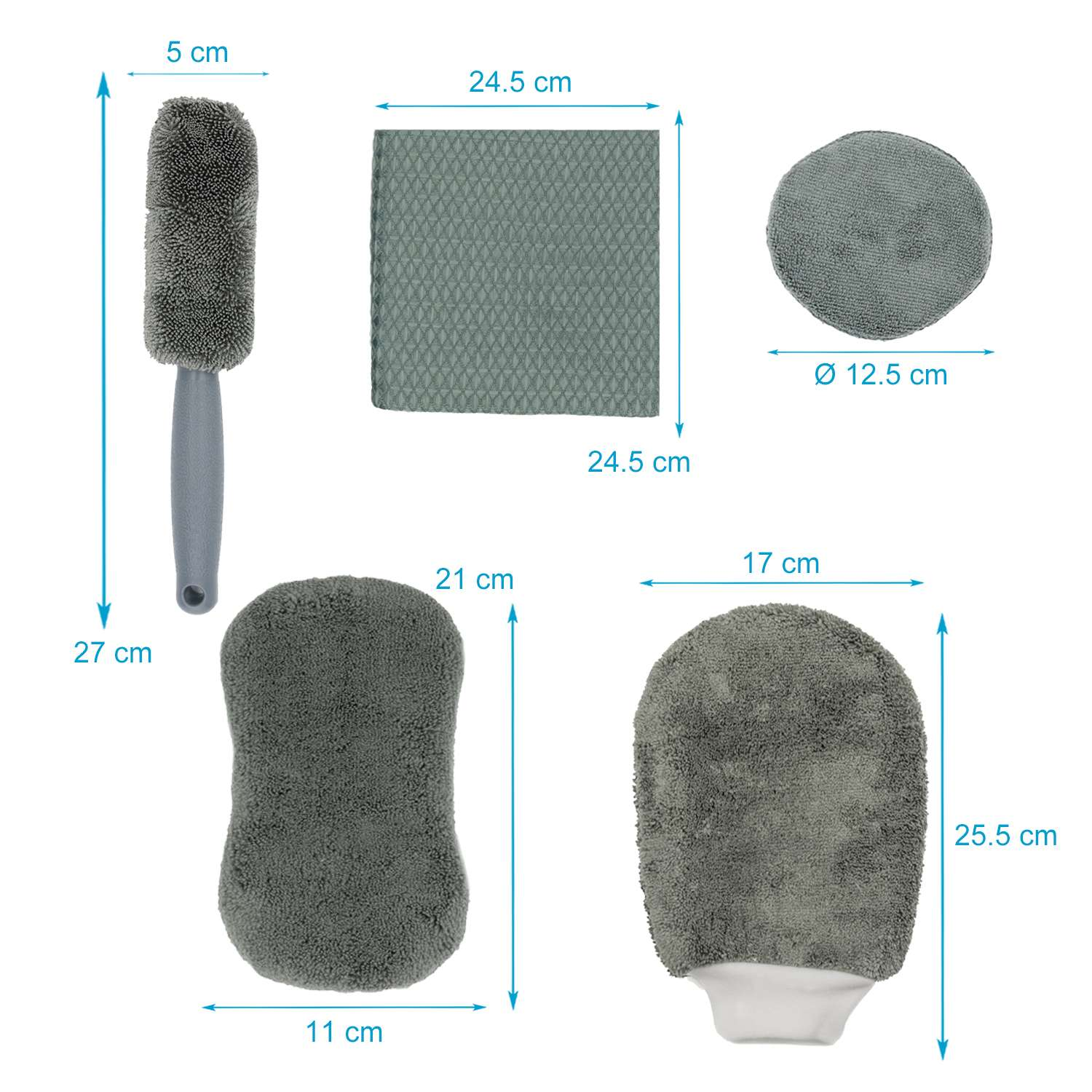 Set mit Reinigungswerkzeugen mit Abmessungen. Enthält eine Flaschenbürste, einen Schwamm, ein Pad und einen Fäustling. Alle sind grau.