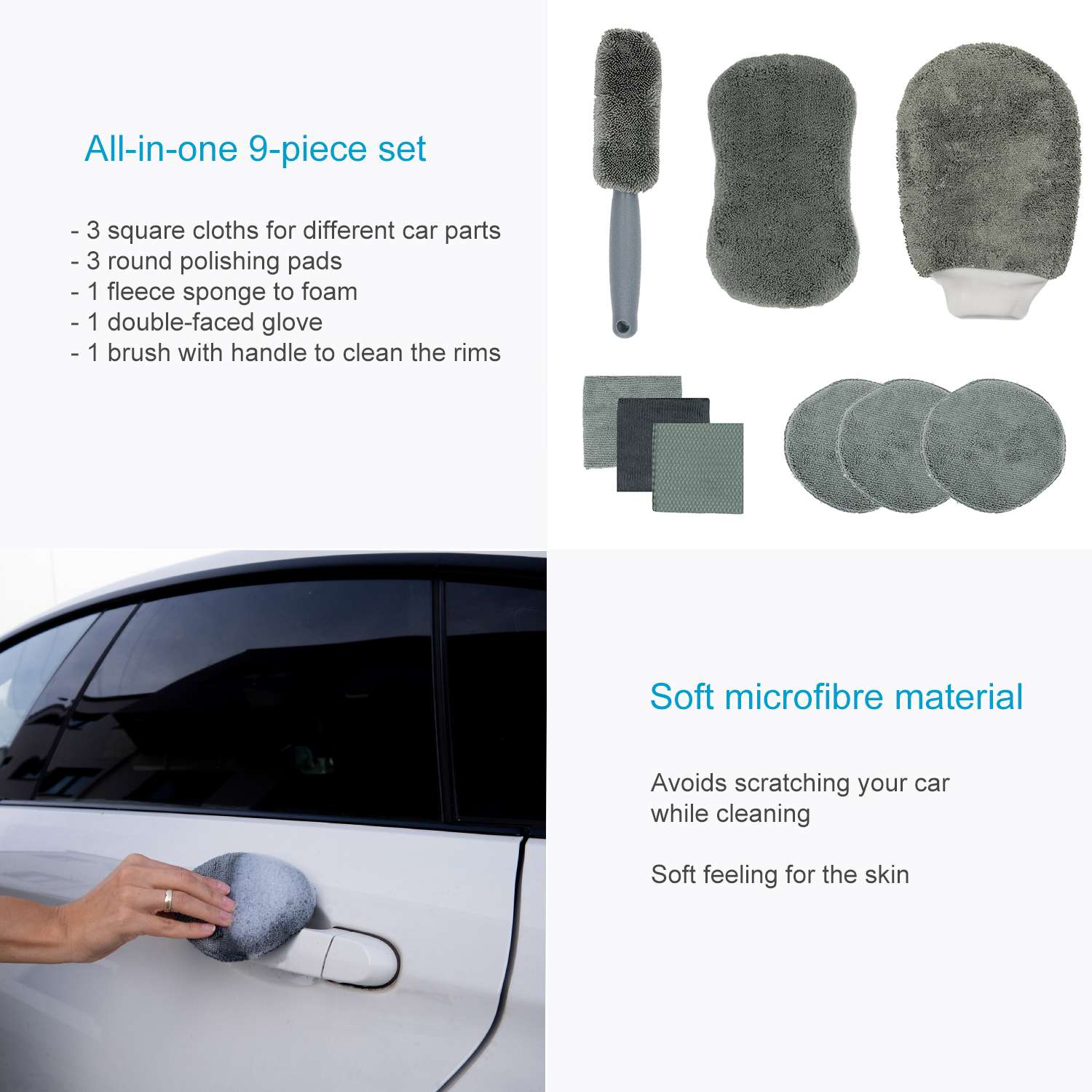 Ein All-in-One-Reinigungsset an einem weißen Auto. Enthält Tücher, Pads, eine Bürste und einen Handschuh.