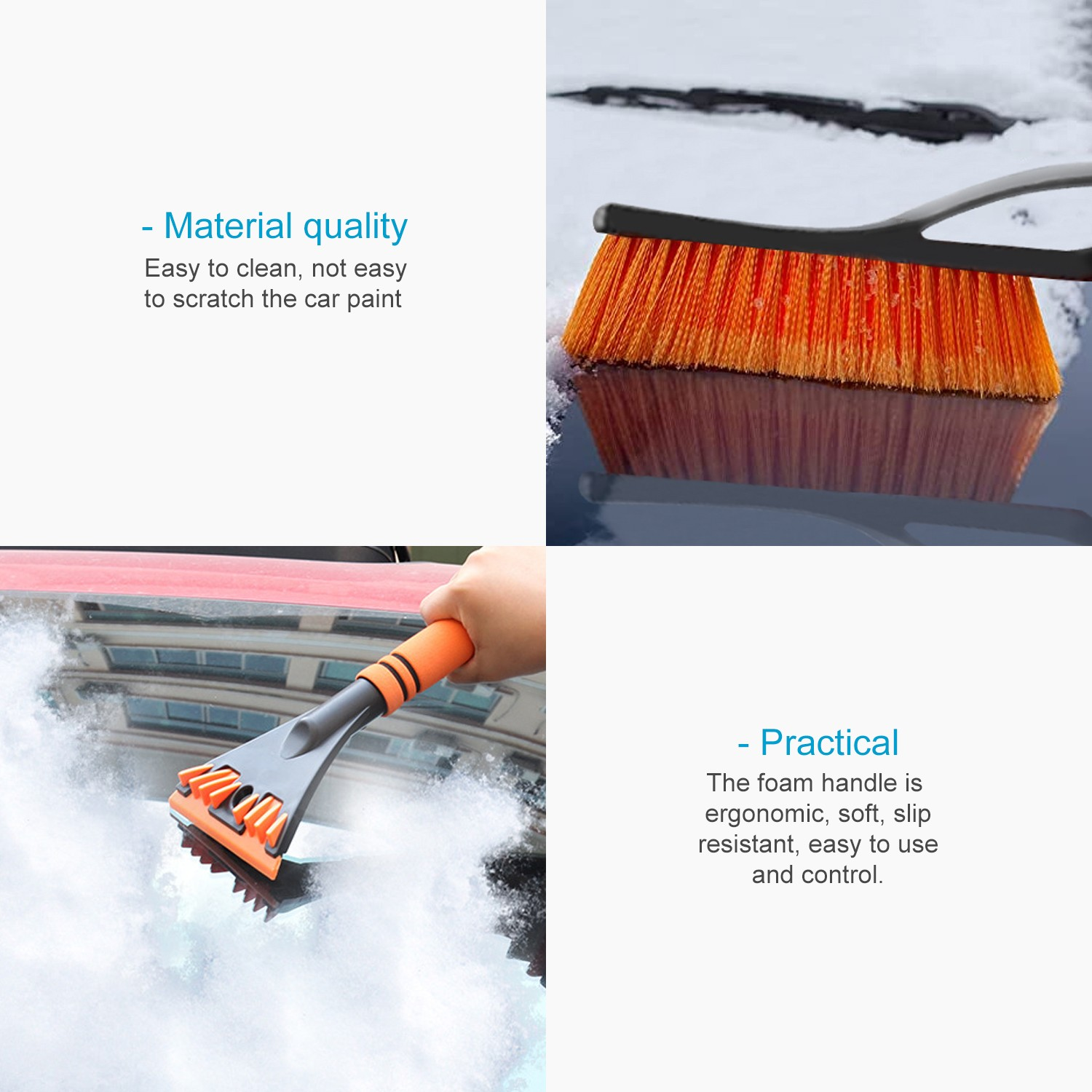 Schneebürste mit orangefarbenen Borsten und einem schwarzen Griff. Text: Materialqualität und Praktisch.