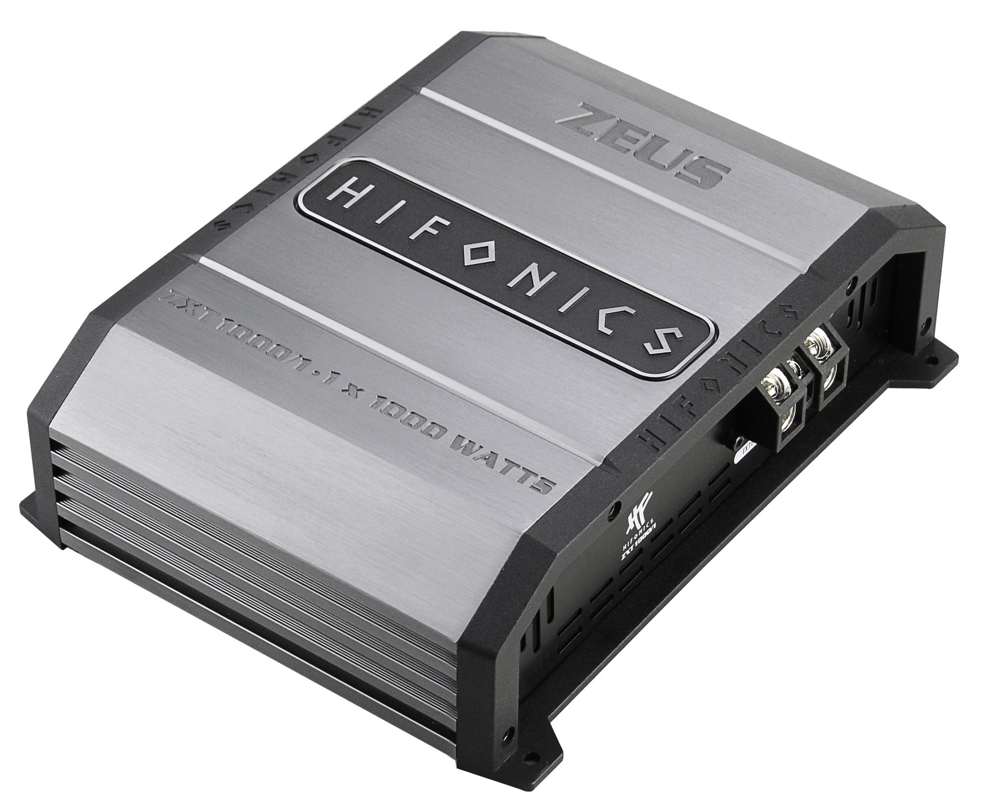 Silber-schwarzer Auto-Verstärker mit Hifonics- und Zeus-Logos. Er leistet 1000 Watt.