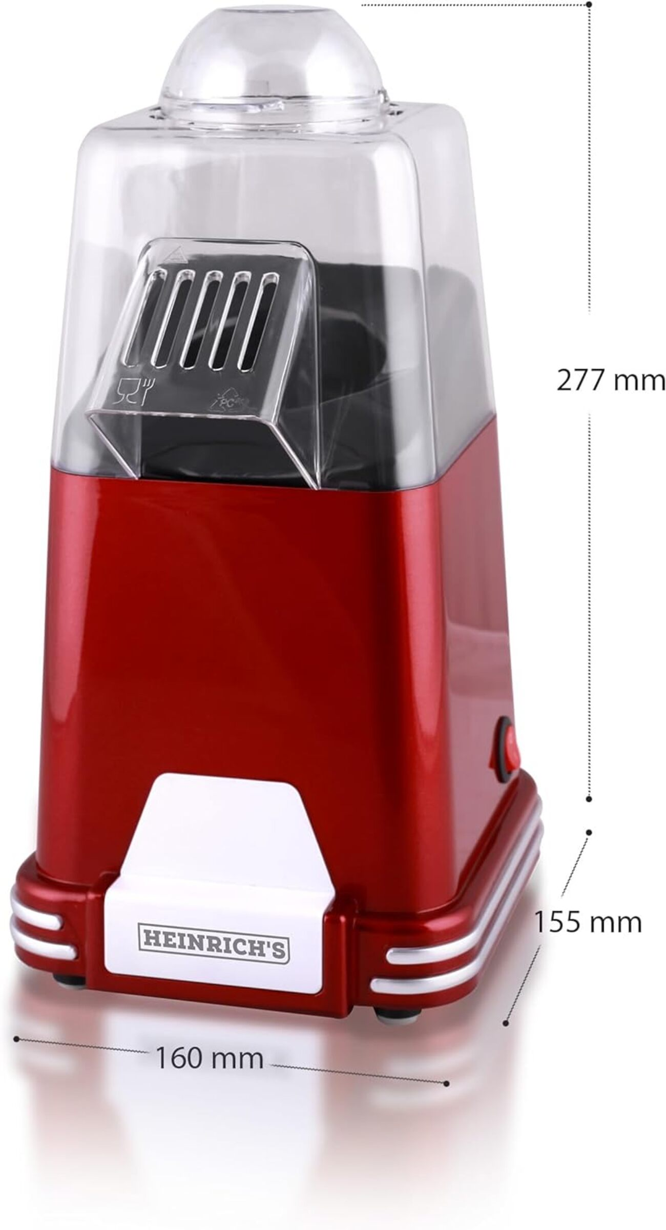 Roter Popcorn-Maker mit transparentem Deckel. Inklusive Abmessungen.