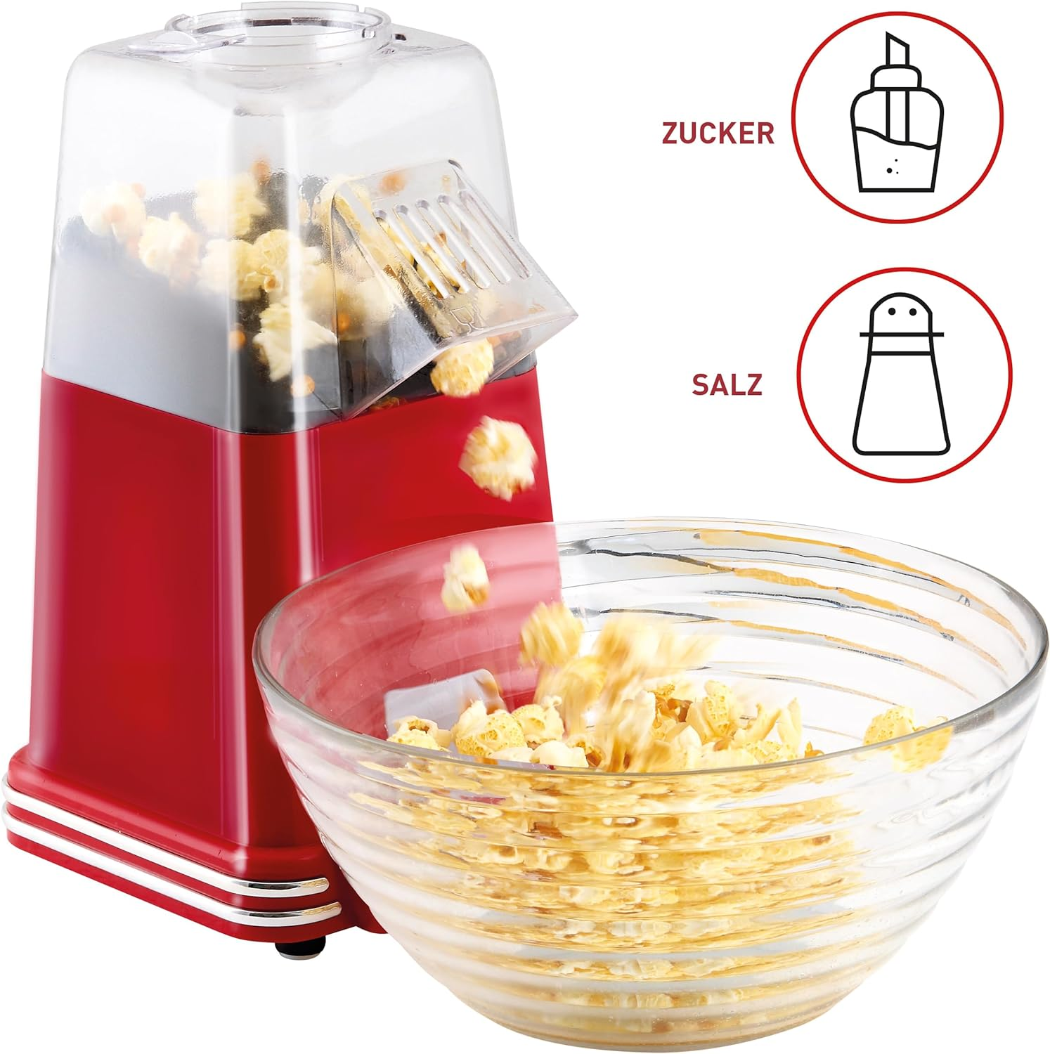 Ein roter Popcorn-Maker mit Popcorn, das in eine Glasschüssel fällt. Salz- und Zucker-Symbole daneben.