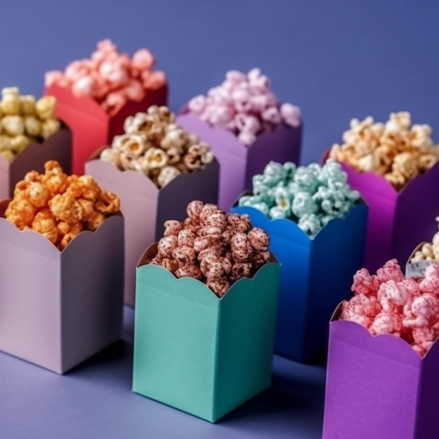 Buntes Popcorn in Schachteln verschiedener Farben auf lila Oberfläche.