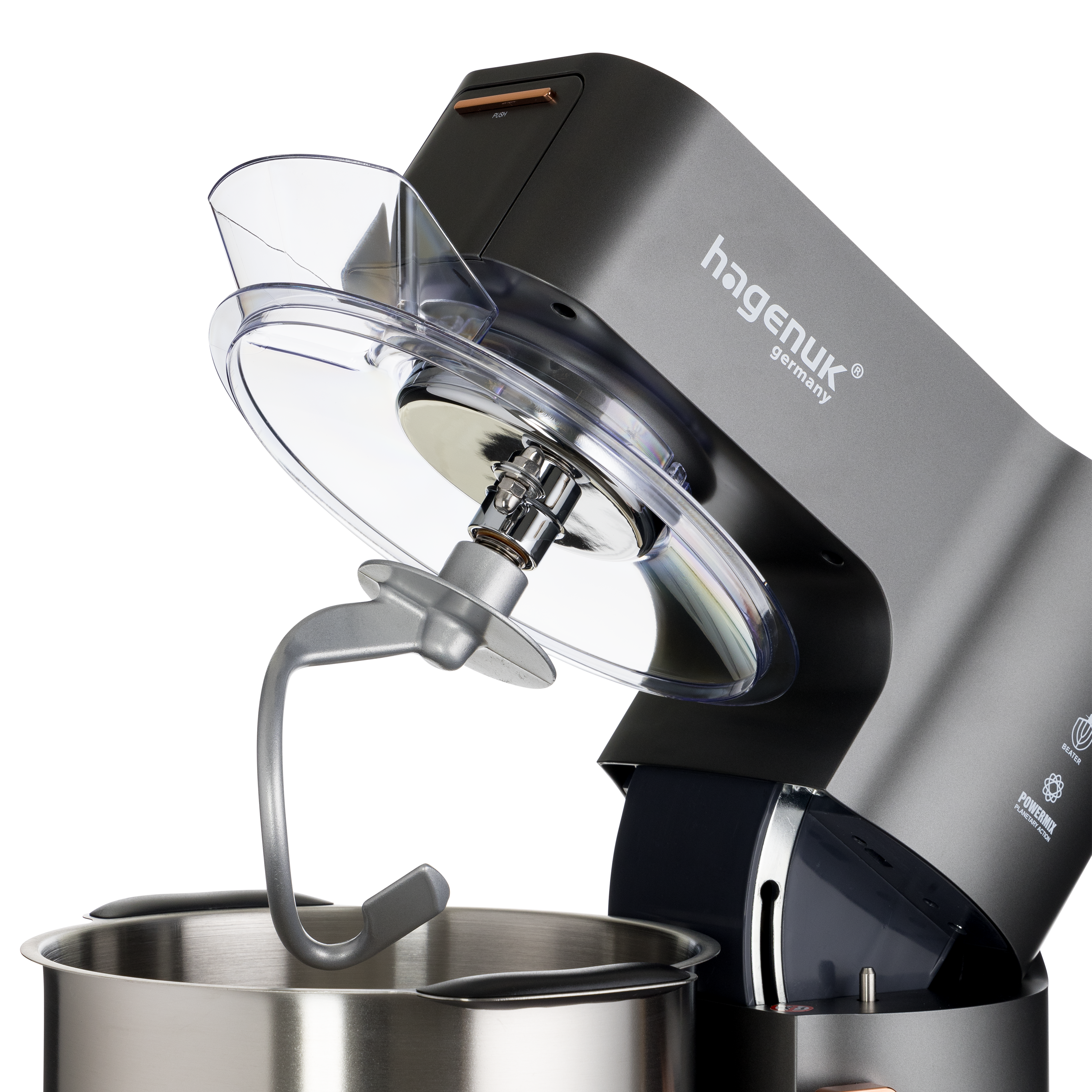 Grauer Küchenmixer mit Aufsätzen. 'hagenuk germany' ist auf der Seite aufgedruckt.