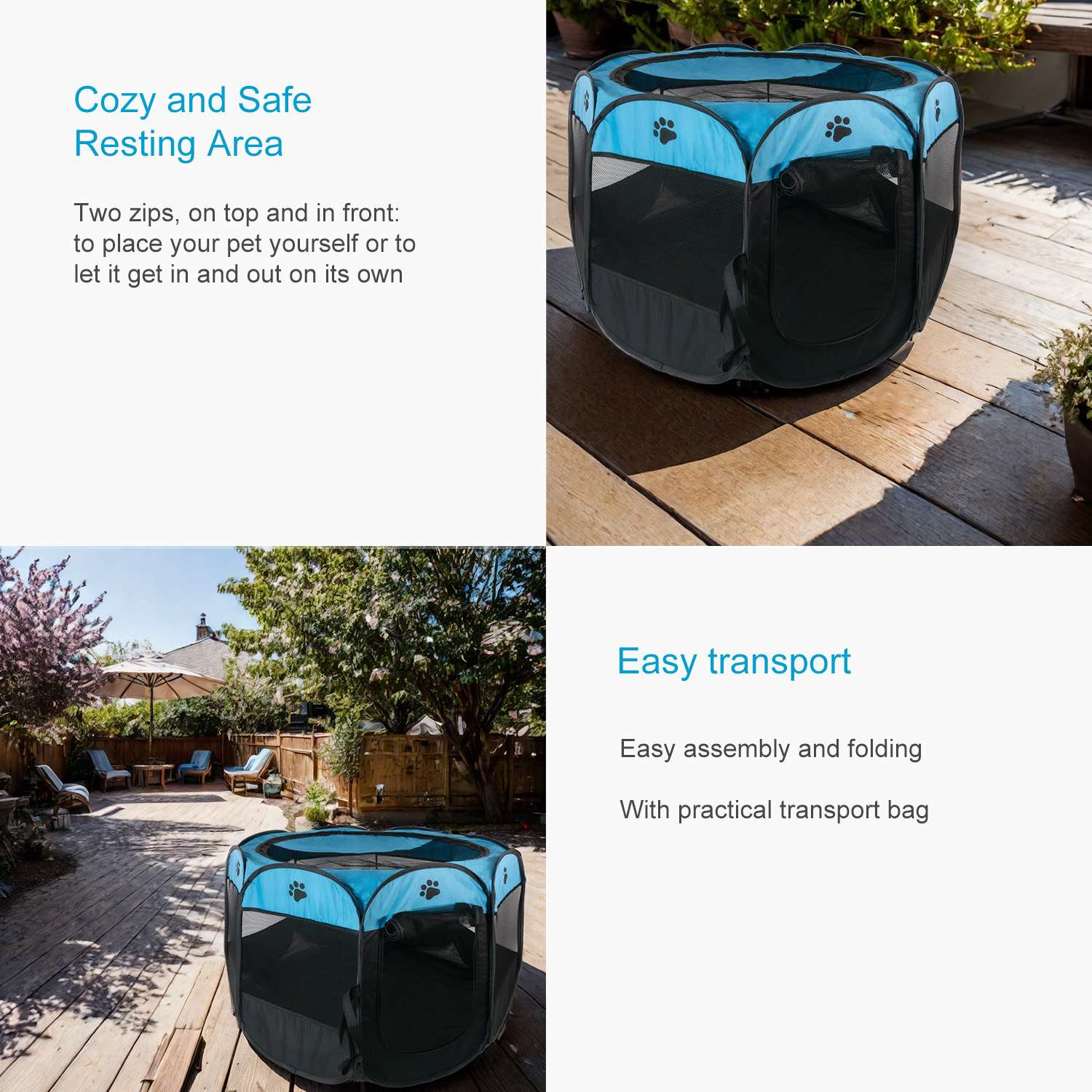 Ein Outdoor-Haustier-Laufstall, blau und schwarz, auf einer Holzterrasse, mit Text über einen Ruhebereich und einfachen Transport.