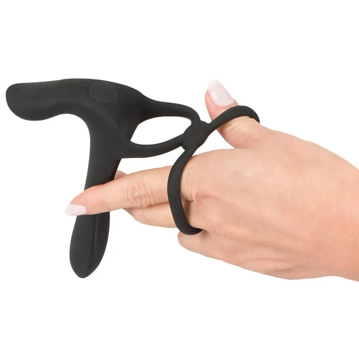 Ein schwarzes Sexspielzeug, das von einer Hand gehalten wird. Das Spielzeug wird an einem Finger benutzt.