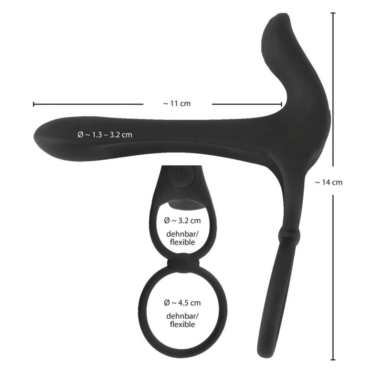 Schwarzes medizinisches Gerät mit Messungen. Zwei Kreise und ein gebogener Arm, alles schwarz.