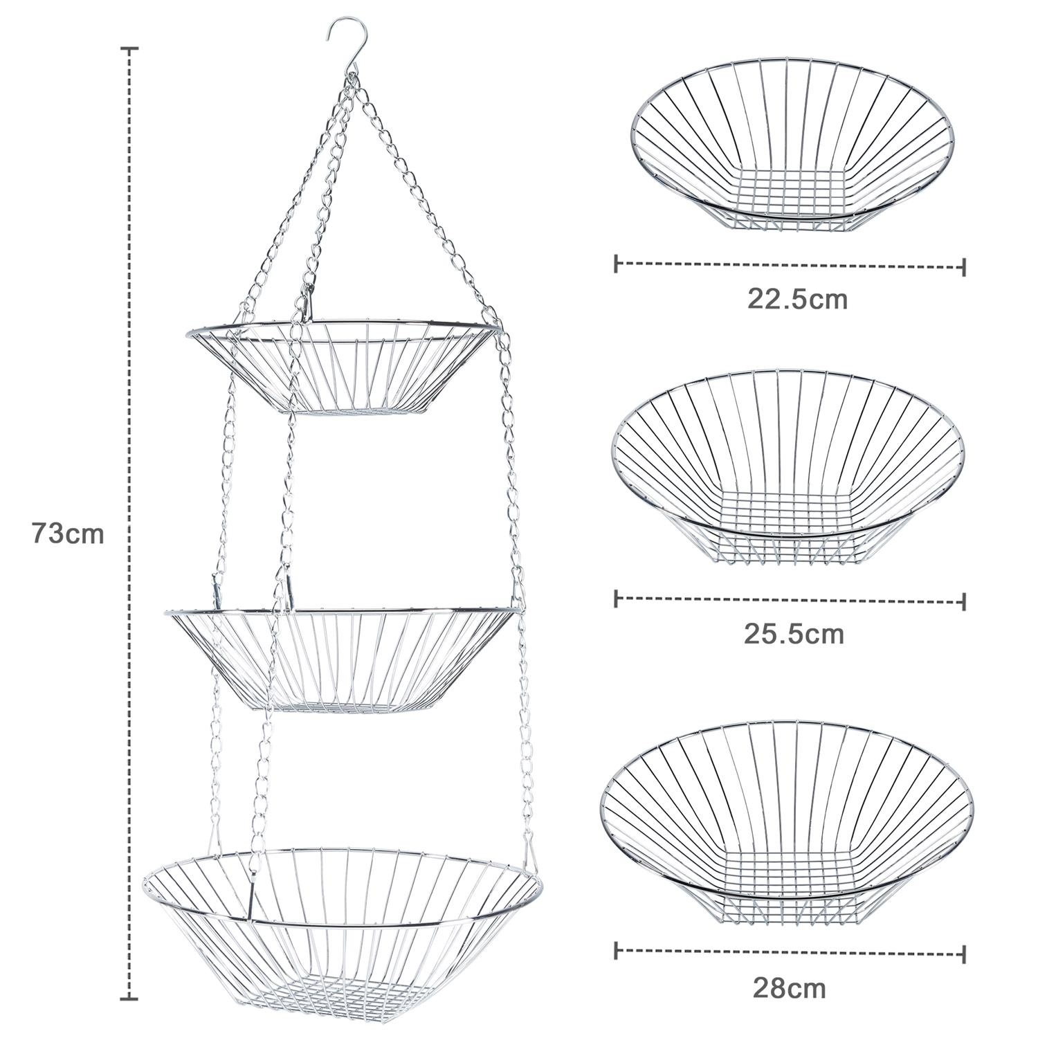 Dreistufige Hängekörbe aus Draht, Abmessungen gezeigt. Jeder hat einen anderen Durchmesser, von 22,5 cm bis 28 cm.