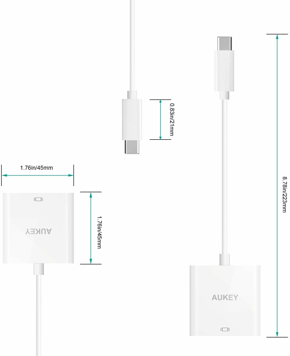 Weiße AUKEY USB-C Adapter, mit Maßangaben.