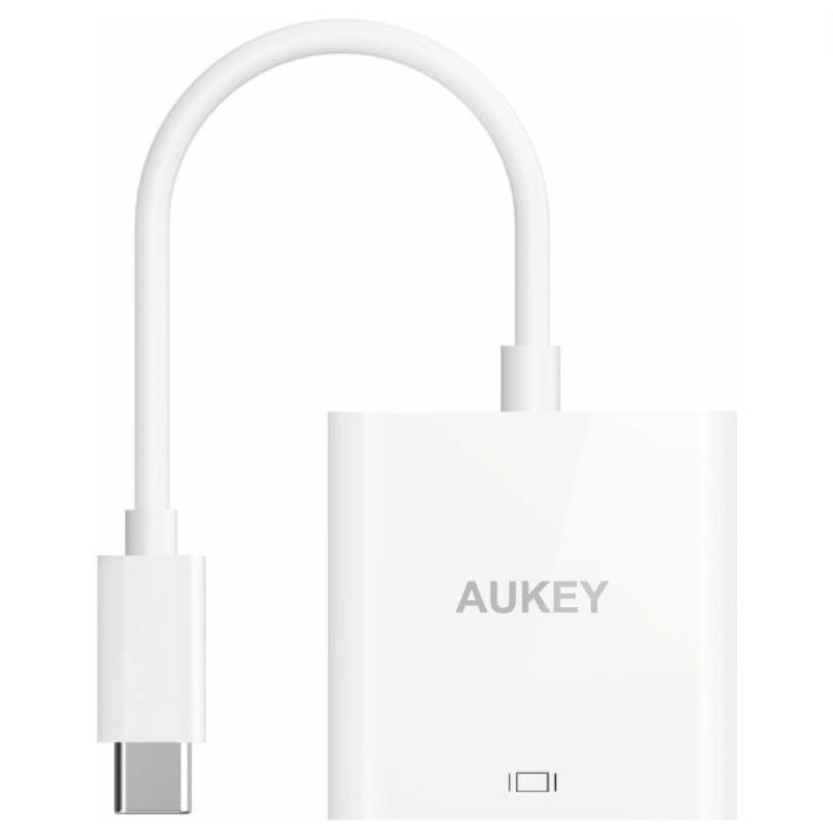 Weißer USB-C-Adapter mit AUKEY-Logo. Weißer Hintergrund.