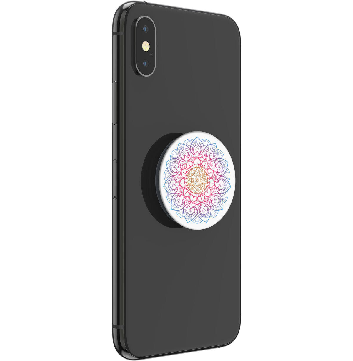 Schwarzes iPhone mit einem Mandala-PopSockets auf der Rückseite.