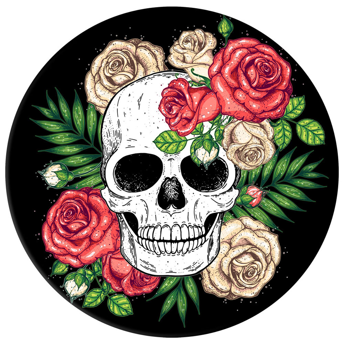 Ein schwarzes kreisförmiges Design mit einem Totenkopf und Rosen. Grüne Blätter und rote und cremefarbene Rosen umgeben den Schädel.