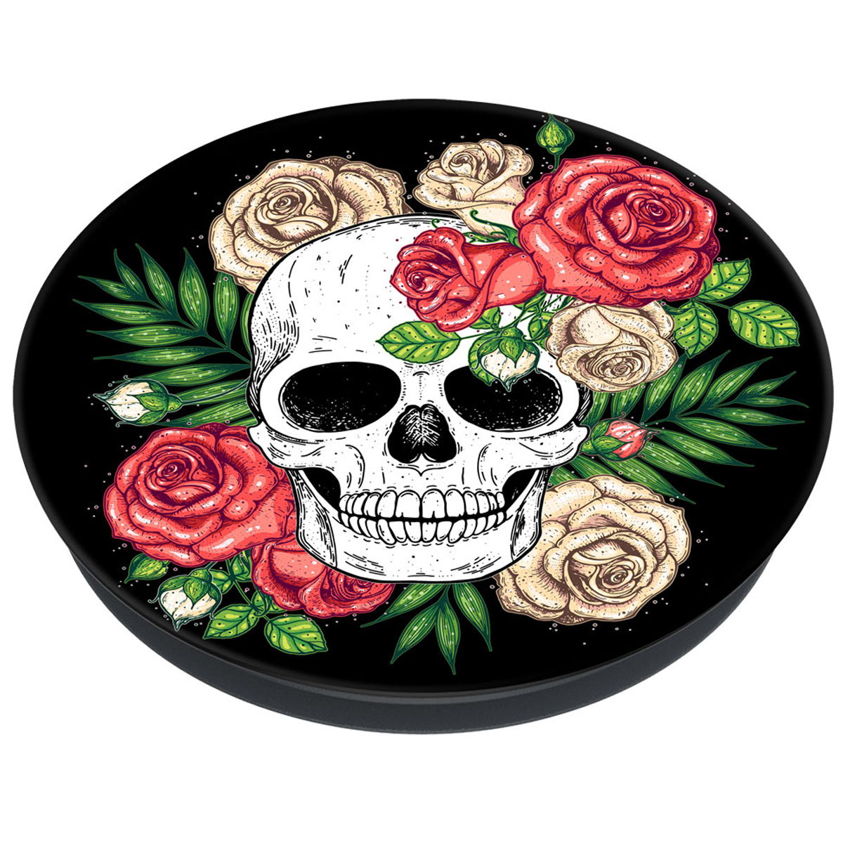 Ein schwarzer Pop-Socket mit Totenkopf- und Rosen-Design auf weißem Hintergrund.