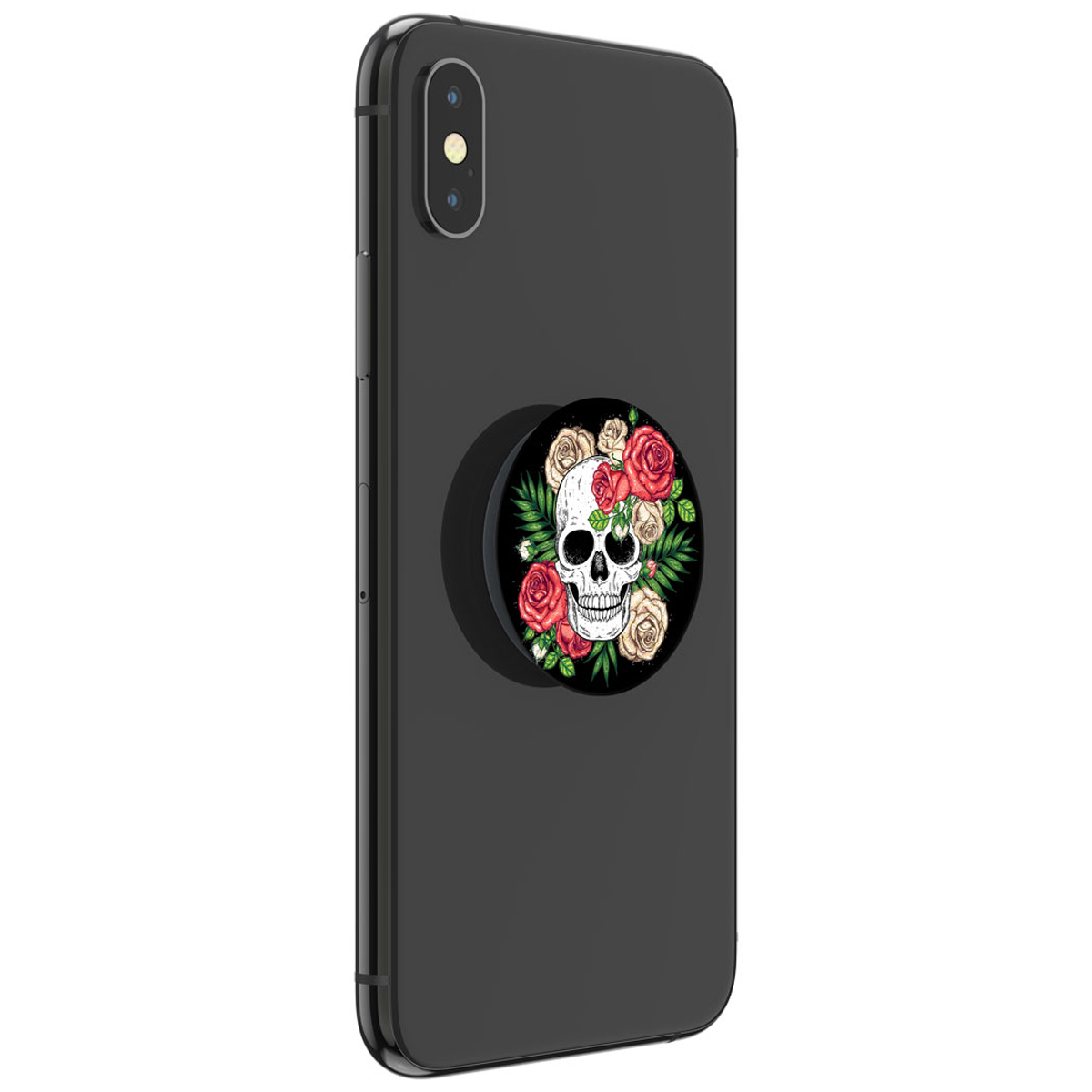Schwarzes Telefon mit Totenkopf-Pop-Socket, verziert mit Rosen.