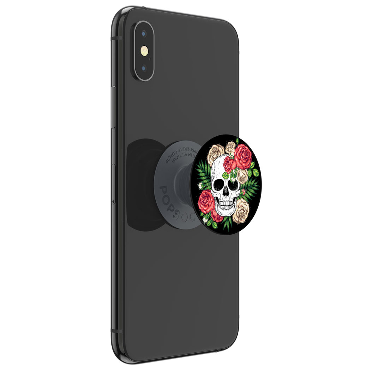 Ein schwarzes Telefon mit einem Pop-Socket. Der Pop-Socket hat ein Schädel- und Blumendesign.