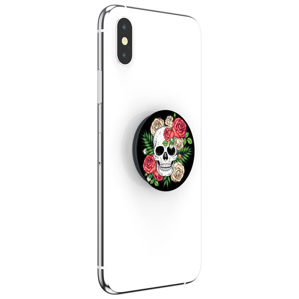 Weißes Telefon mit einem Totenkopf- und Rosen-Design auf einem Pop-Socket.