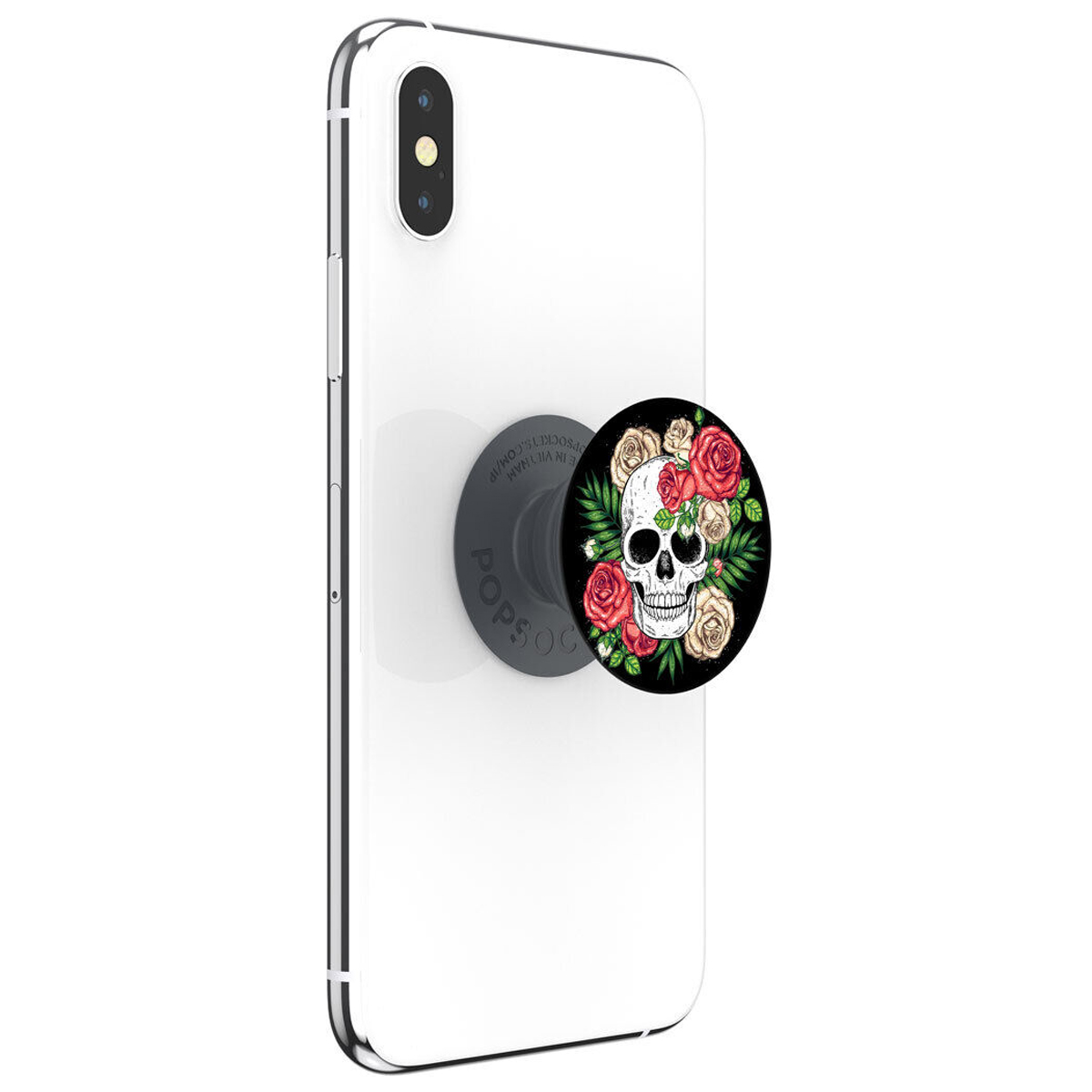 Weißes Telefon mit einem Totenkopf und Rosen PopSocket, schwarzer Hintergrund.