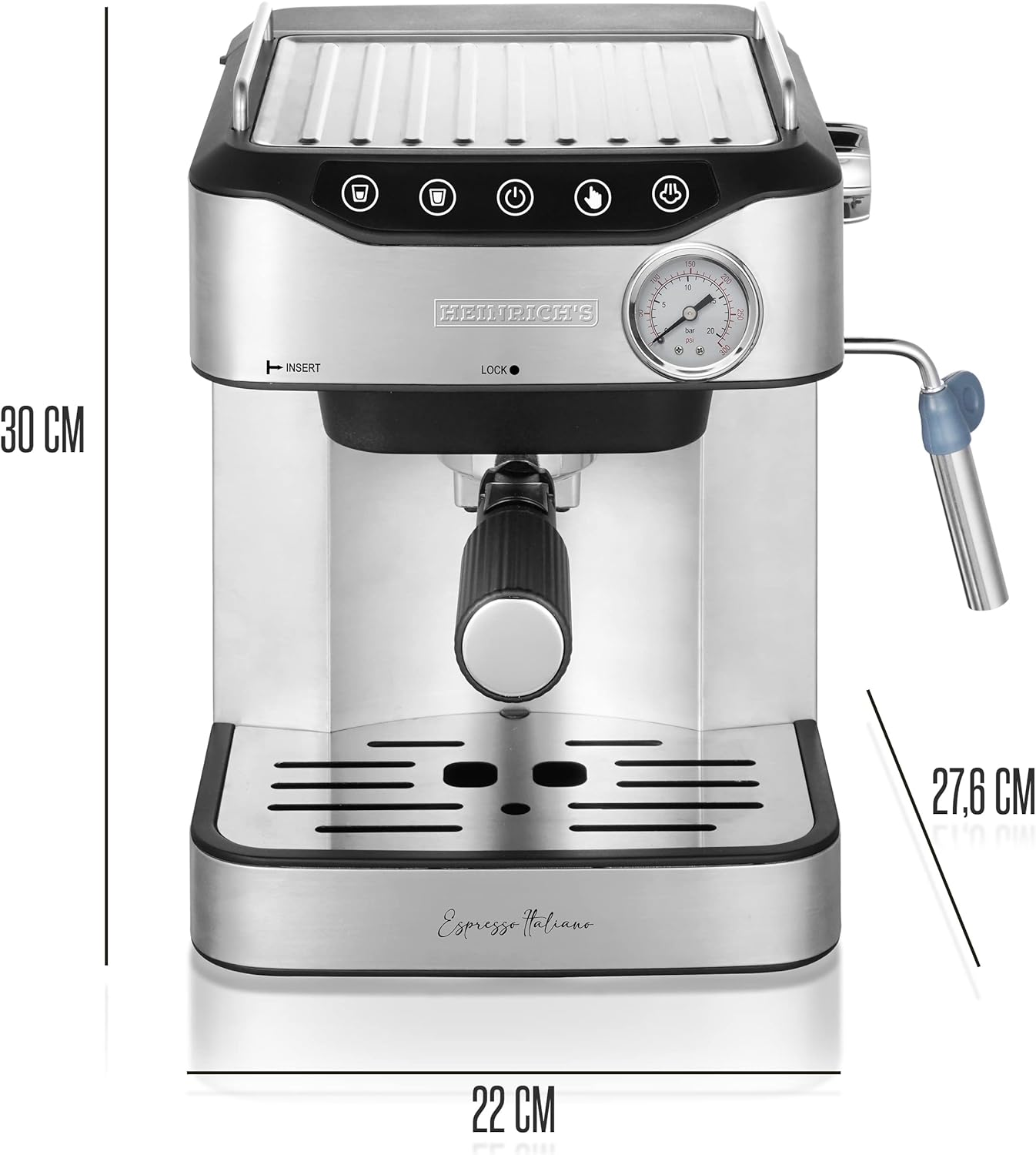 Silber-schwarze Espressomaschine mit Beschriftungen, auf weißem Hintergrund.