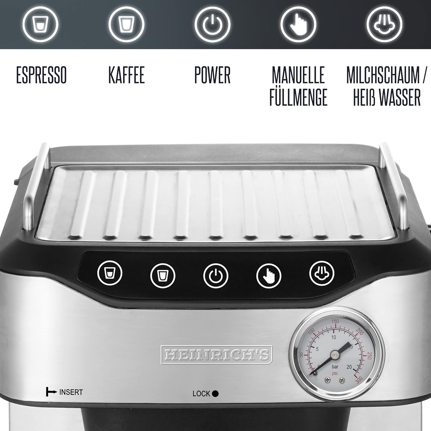 Nahaufnahme einer Espressomaschine aus Edelstahl mit Knöpfen und Manometer.