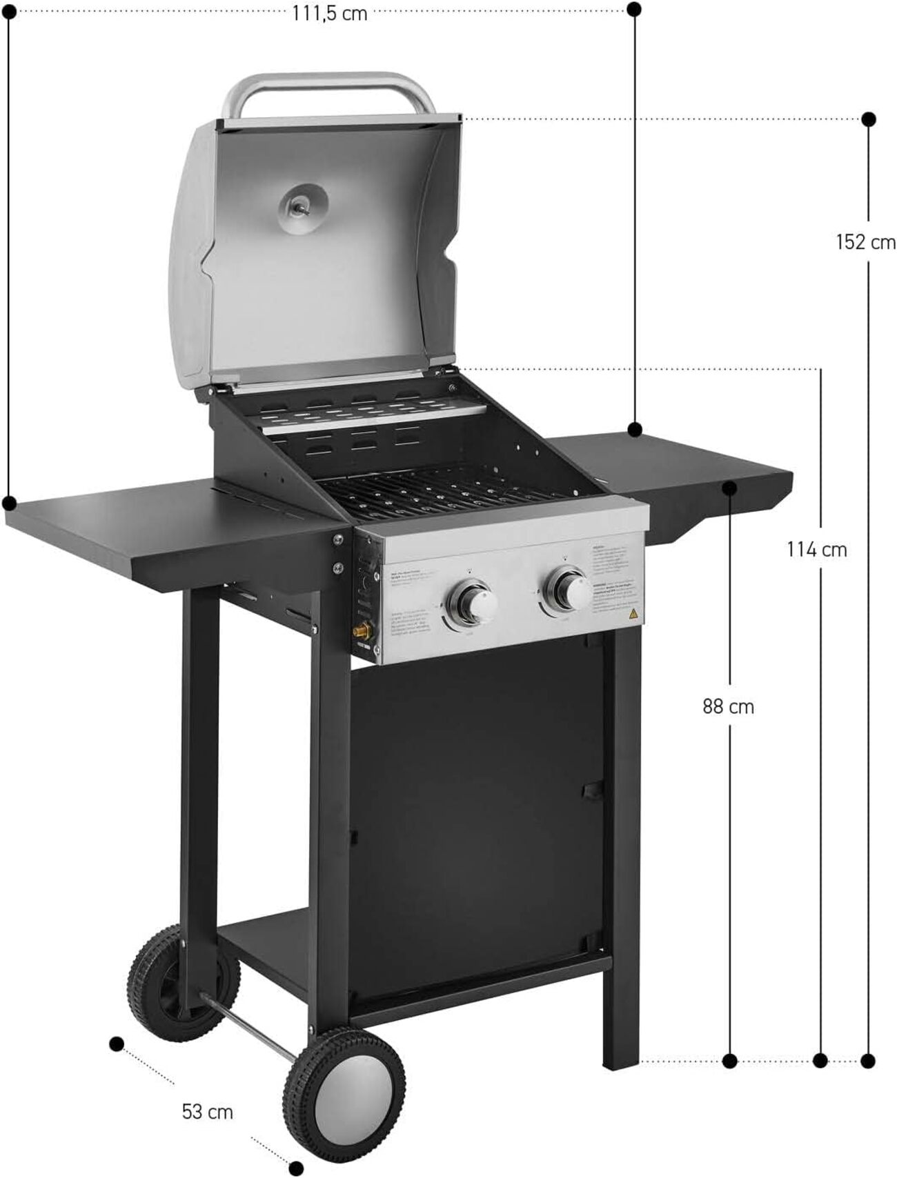 Schwarz-silberner Gasgrill mit Rädern und beschrifteten Abmessungen.