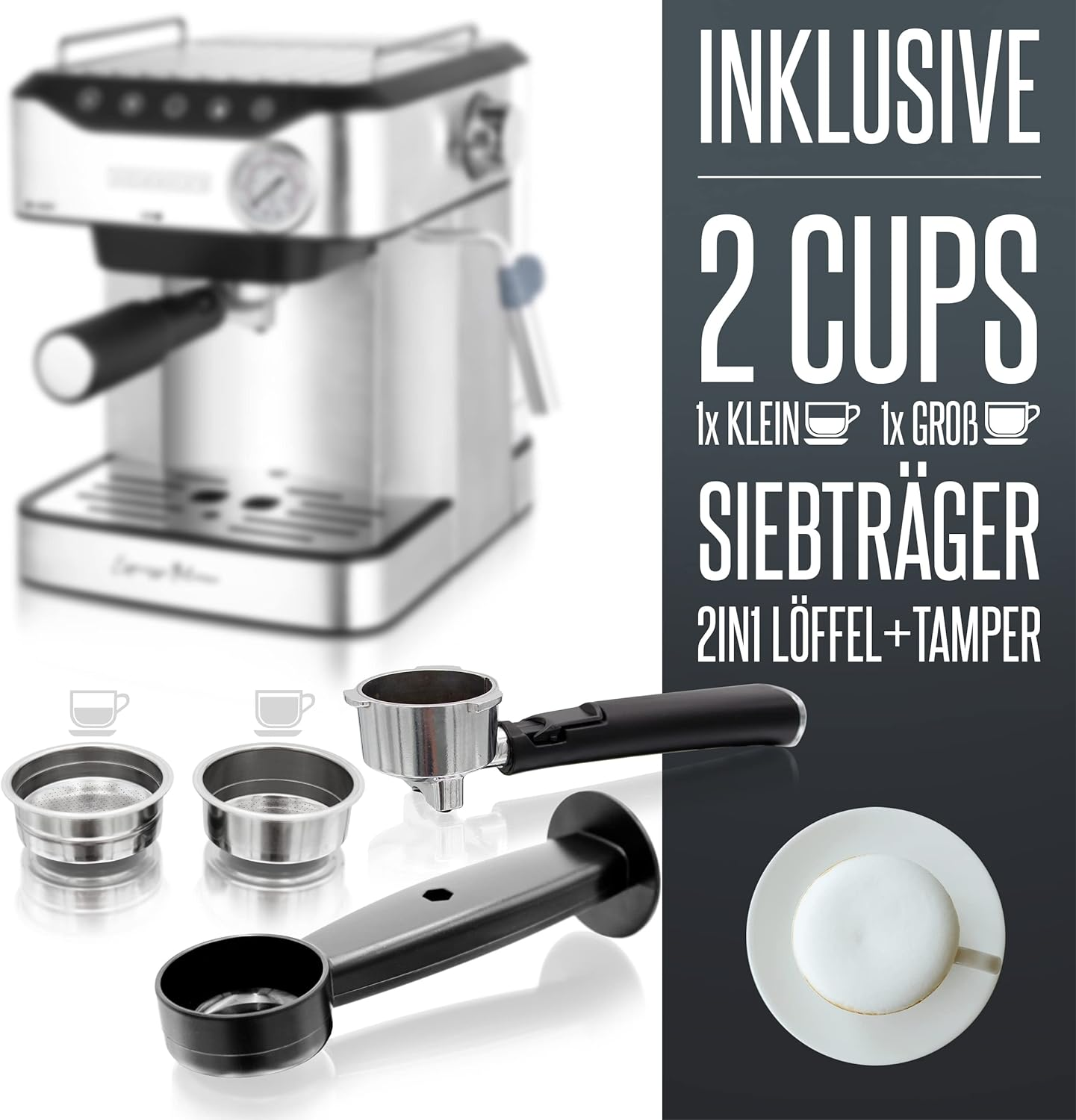 Espressomaschine mit Zubehör: Siebträger, Tassen und Löffel.