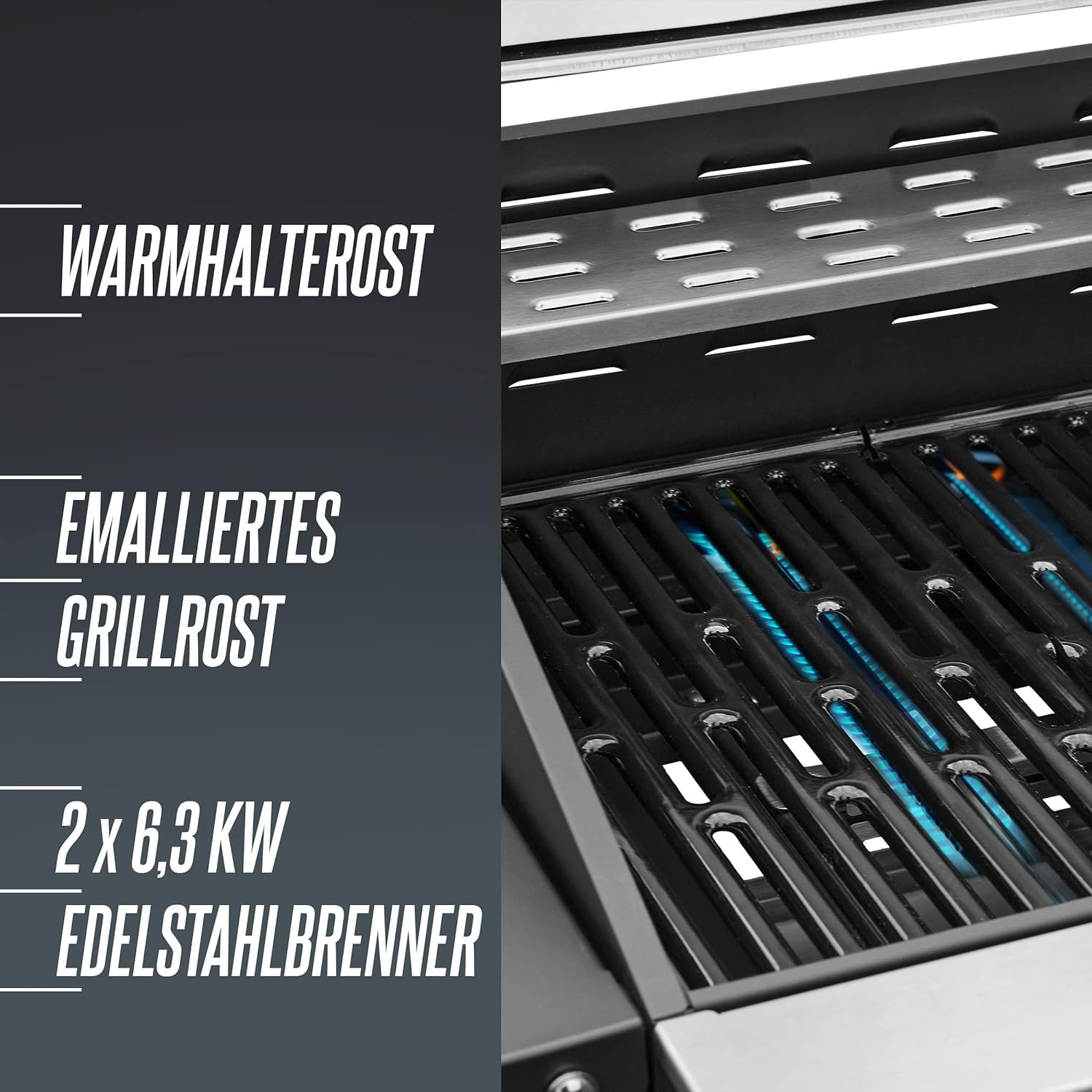 Ein Grill mit blauen Flammen. Es hat drei Textlabels auf der linken Seite. Edelstahlbrenner.