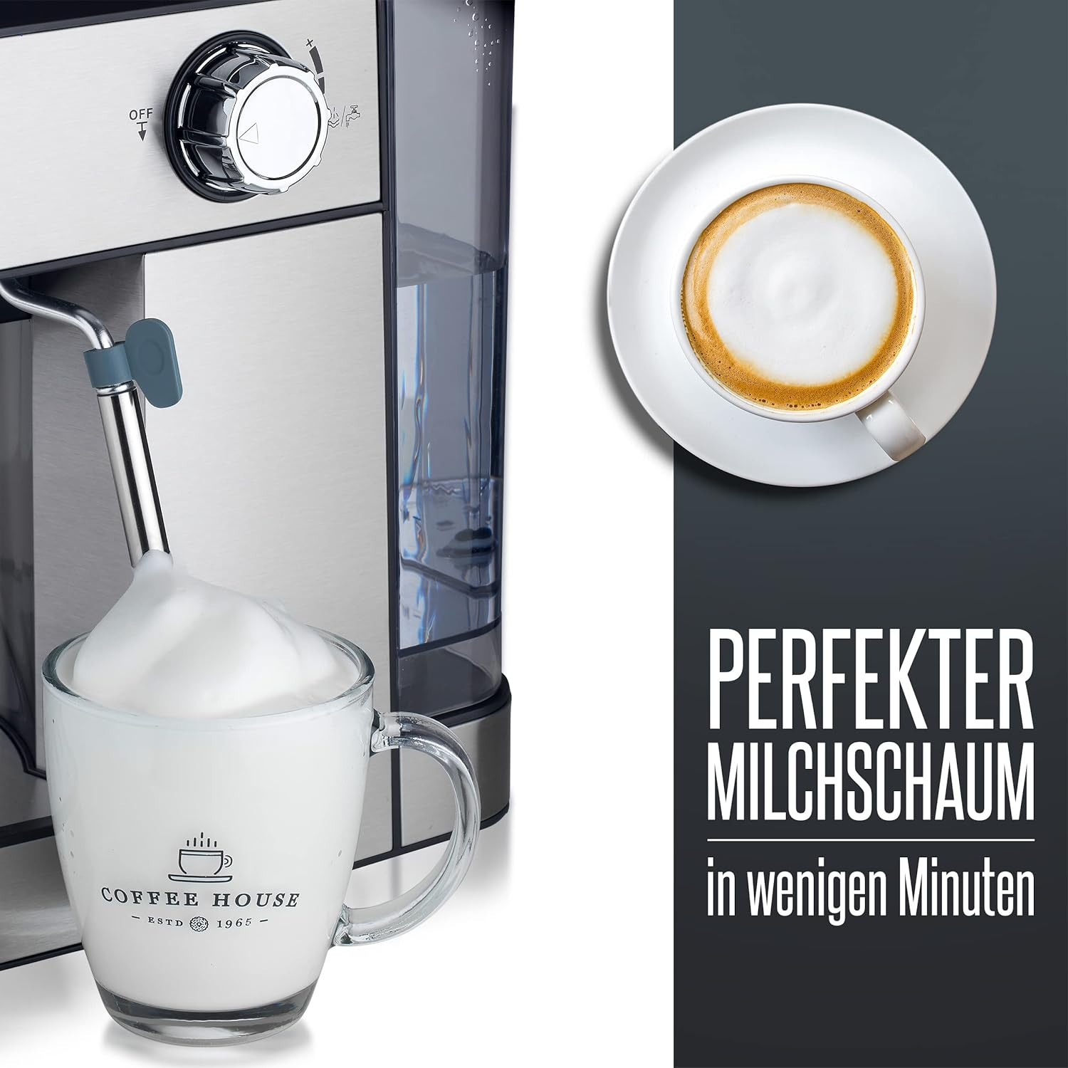 Kaffeemaschine mit einem Glas Milch und einer Untertasse mit Kaffee.