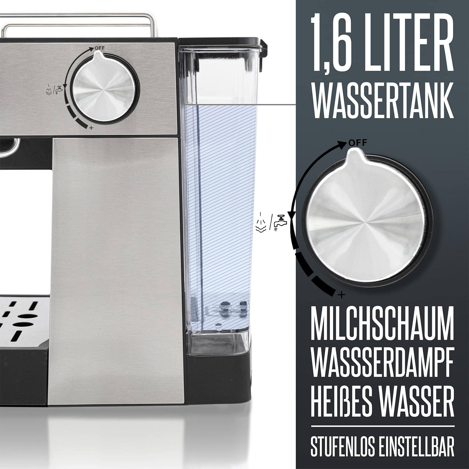 Nahaufnahme einer silber-schwarzen Kaffeemaschine mit Wassertank und Bedienfeld.