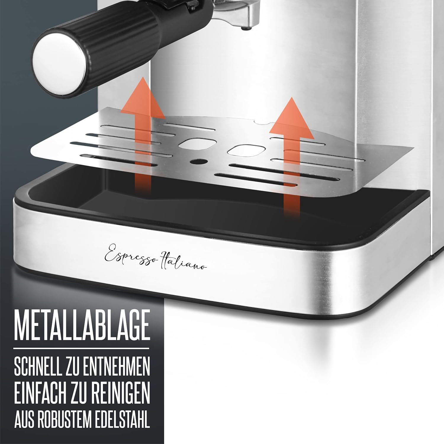 Eine Espressomaschine mit herausgezogener Metallablage, Text lautet 'Espresso Italiano'.