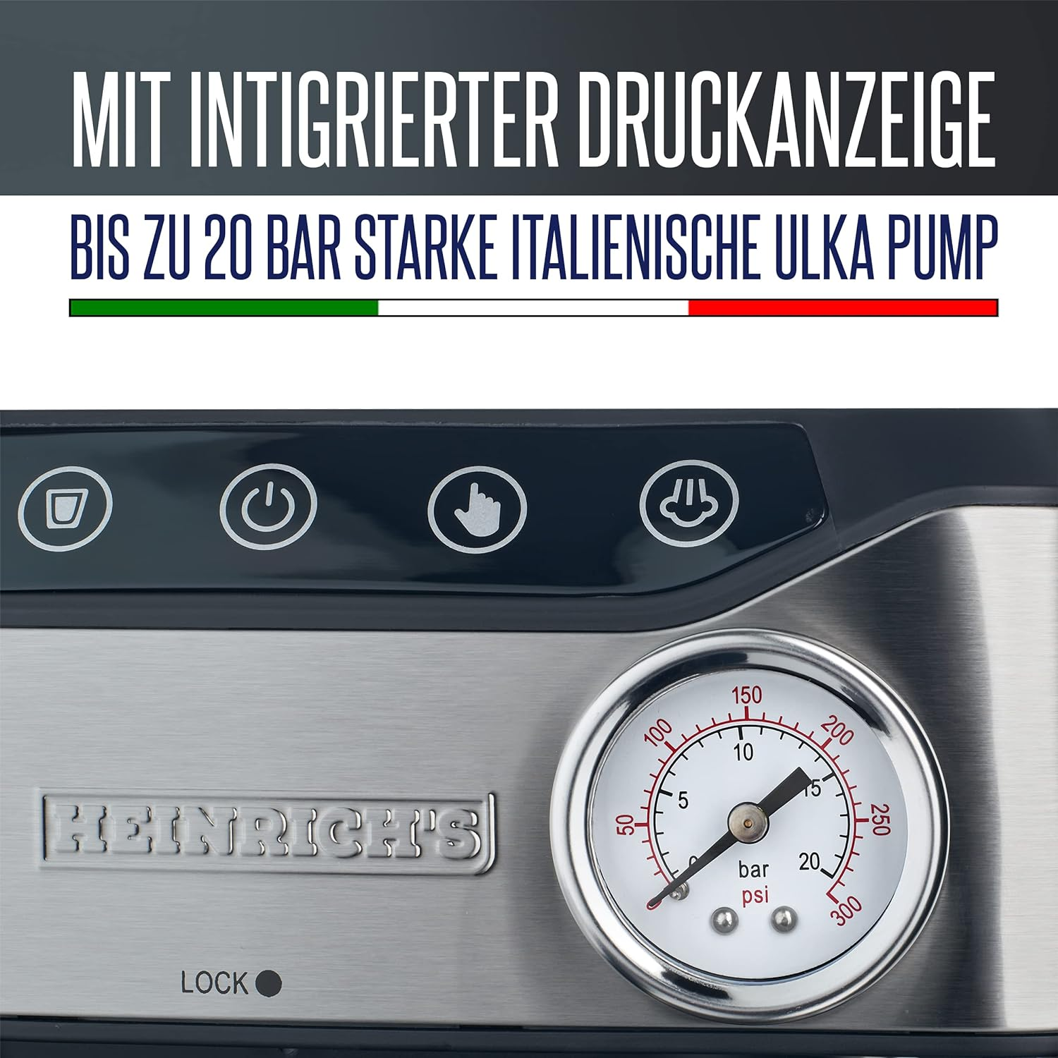 Nahaufnahme eines Espresso-Maschinen-Manometers mit Edelstahl-Finish. Das Messgerät zeigt 5 bar an.