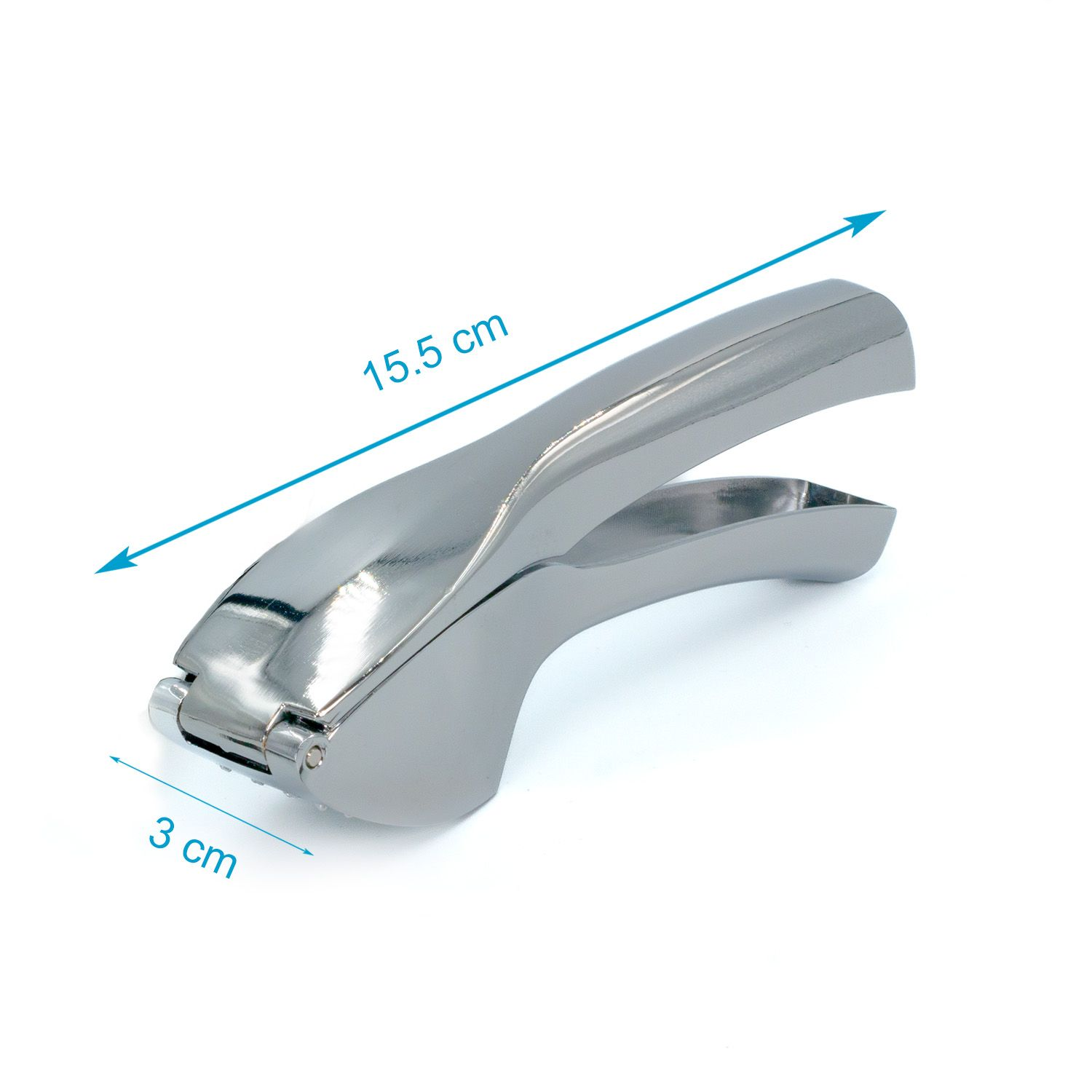 Silberne Knoblauchpresse. Abmessungen 15,5 cm x 3 cm werden im Bild angezeigt.