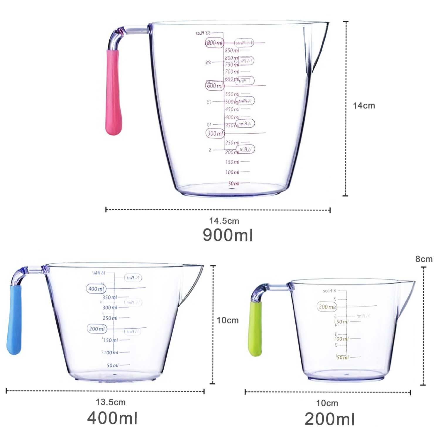 Drei transparente Messbecher mit rosa, blauen und grünen Griffen, verschiedene Größen und Messungen.