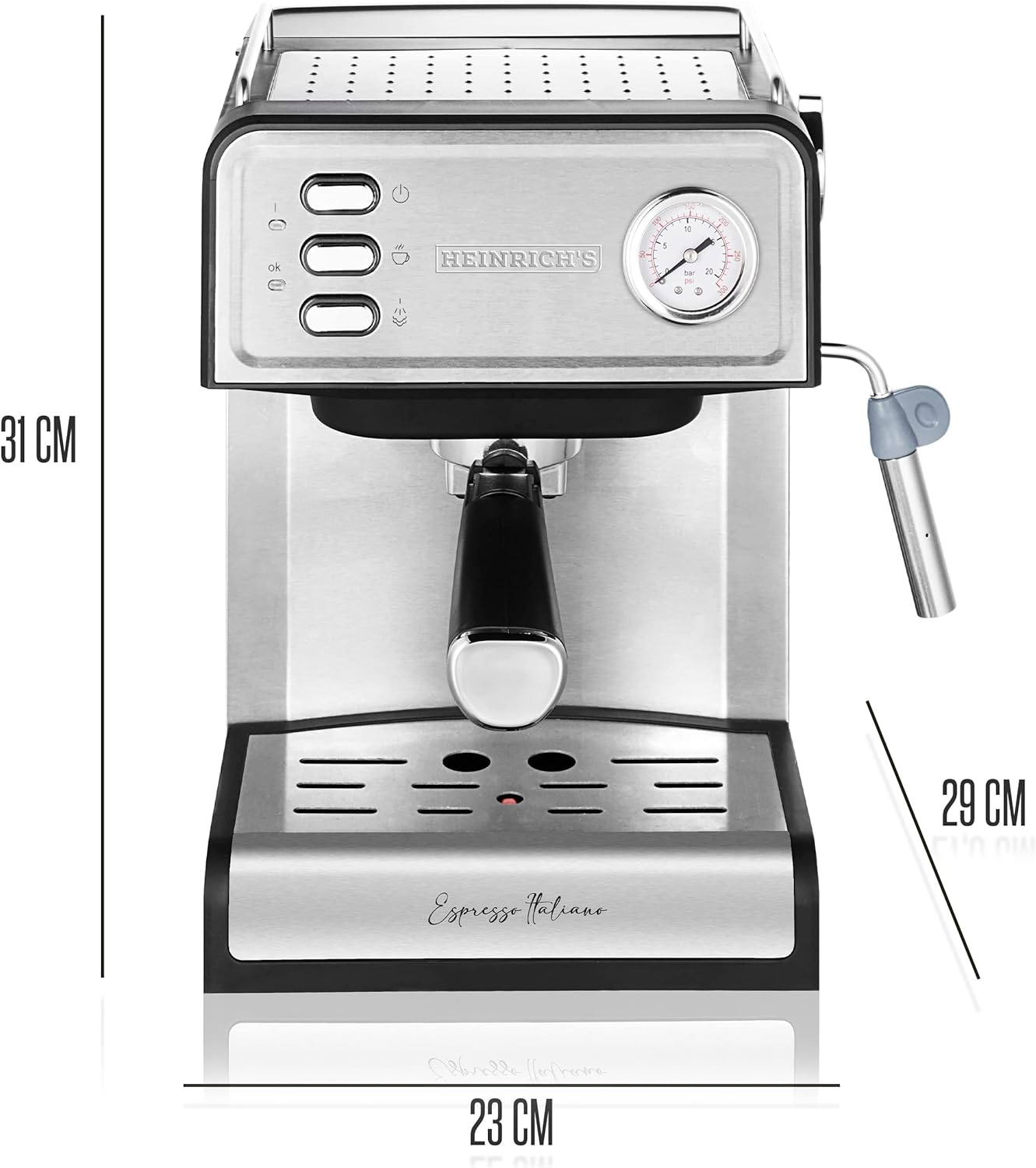 Eine Espressomaschine mit den Maßen: 31 cm Höhe, 29 cm Länge und 23 cm Breite.