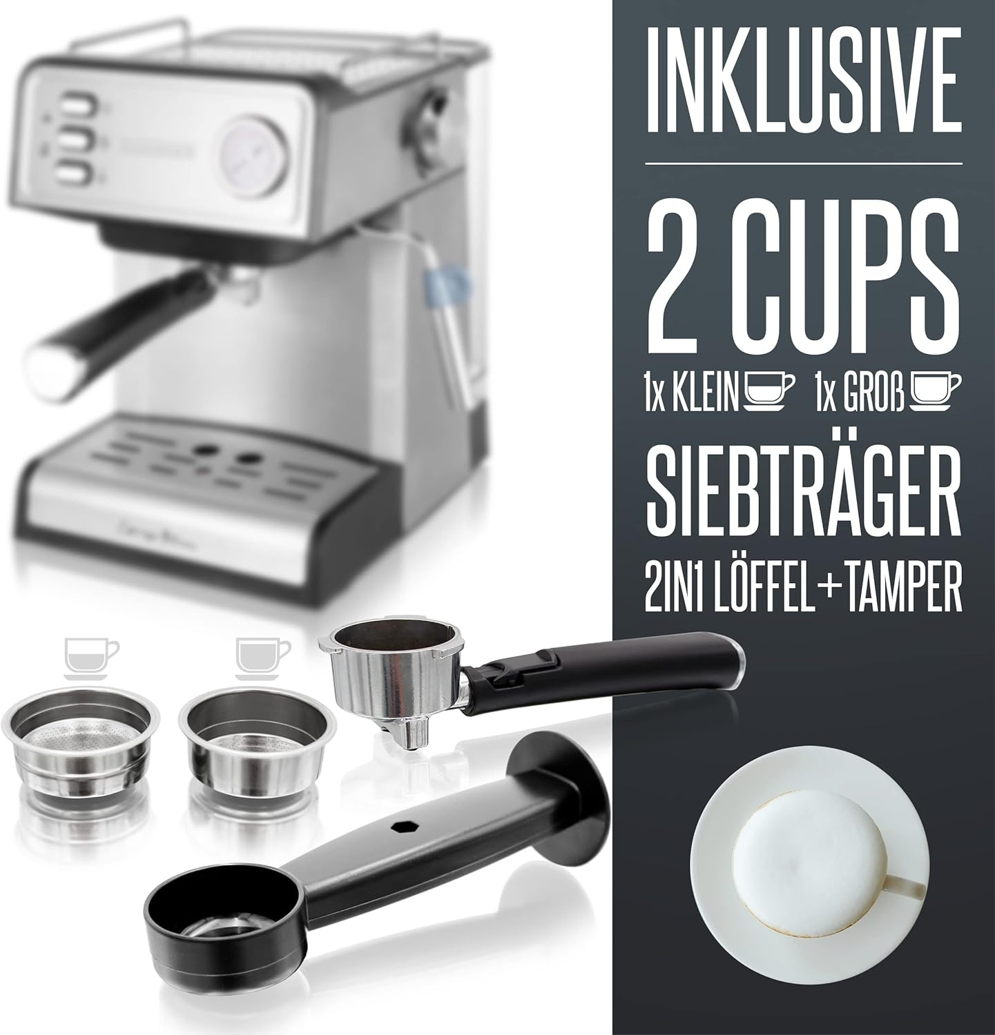 Eine Espressomaschine mit Zubehör, einschließlich Tassen und einem Tamper.