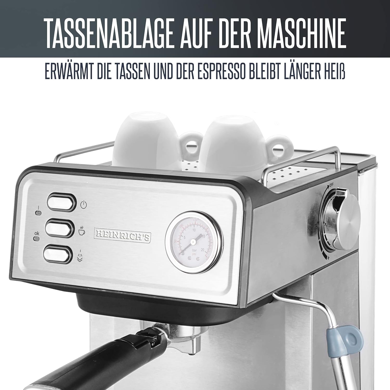 Nahaufnahme einer Kaffeemaschine mit Text zum Erwärmen von Tassen und Warmhalten von Espresso.