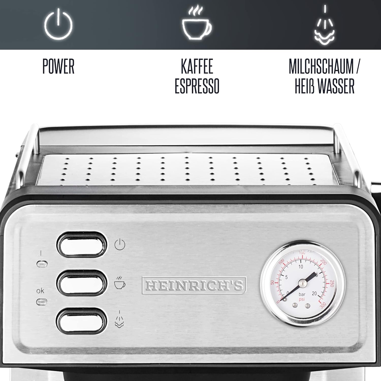 Espressomaschine mit Etiketten: Strom, Espresso, Milchschaum/heißes Wasser. Ein Manometer ist sichtbar.