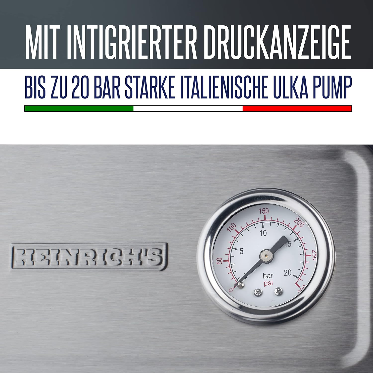 Ein Edelstahlgerät mit Manometer. Das Manometer zeigt einen Zeiger bei 10 bar. Text sagt: „Heinrichs“ und „bar psi“.