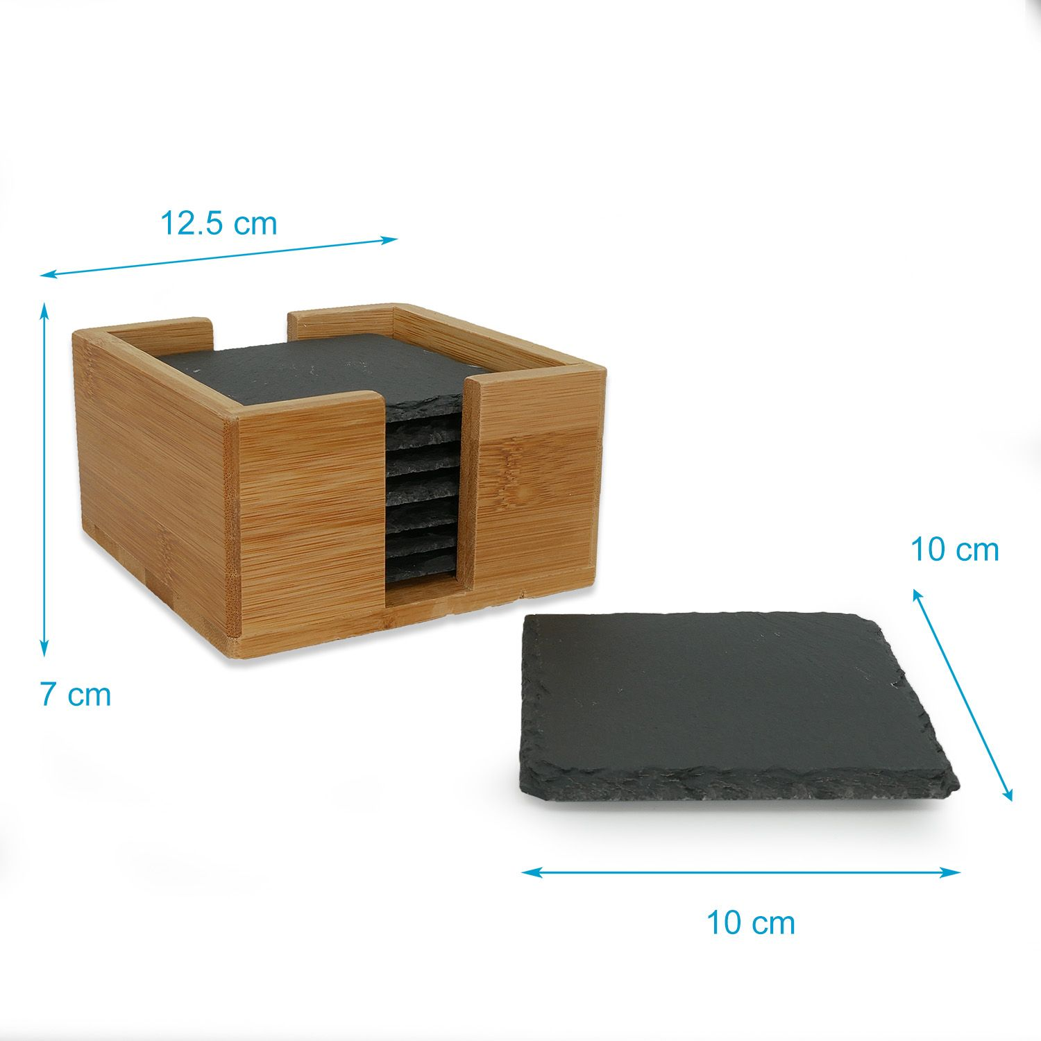 Holz-Untersetzerhalter mit Untersetzern. Weißer Hintergrund.