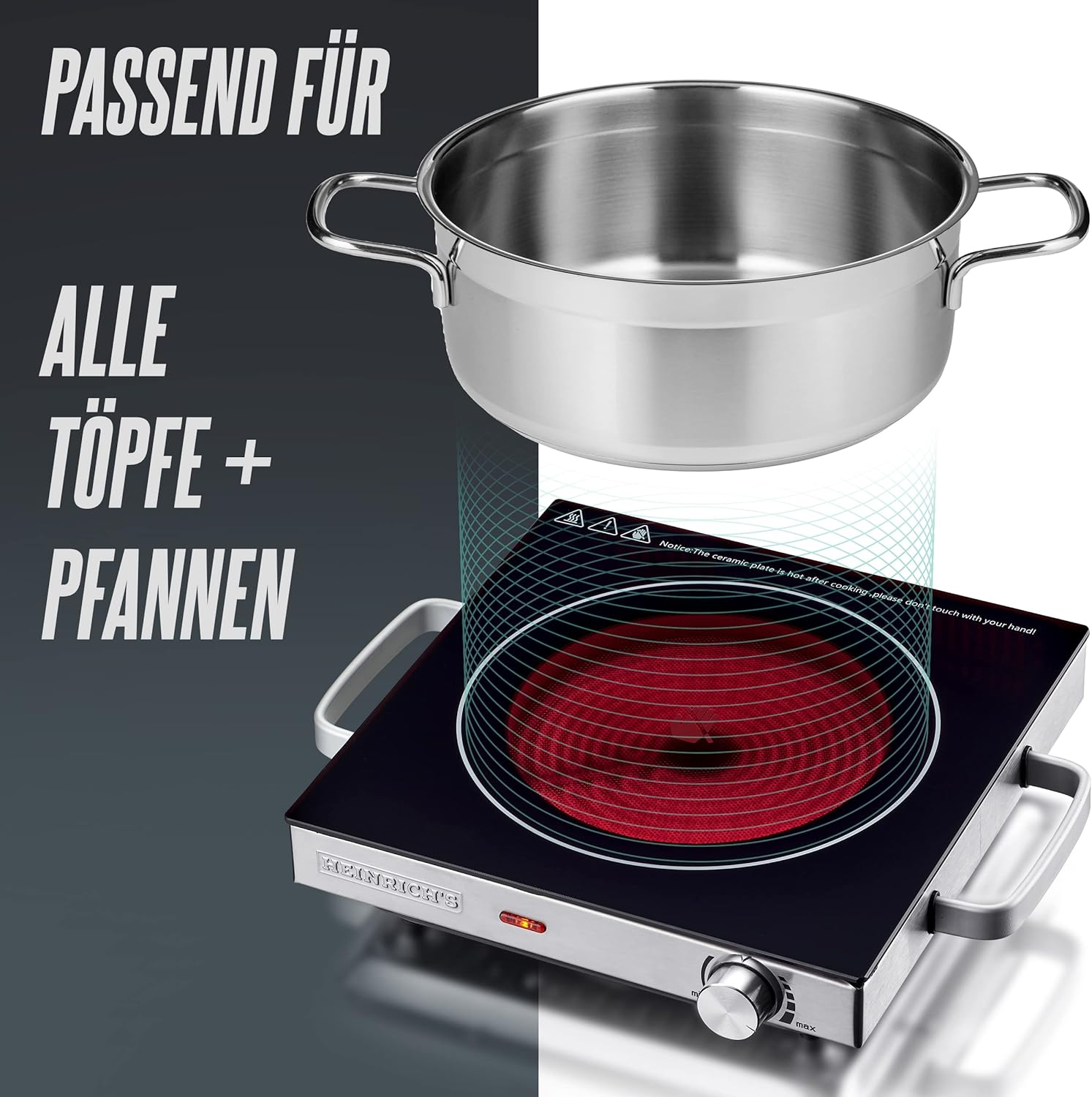 Ein Edelstahl-Topf über einem schwarzen und roten Induktionskochfeld.