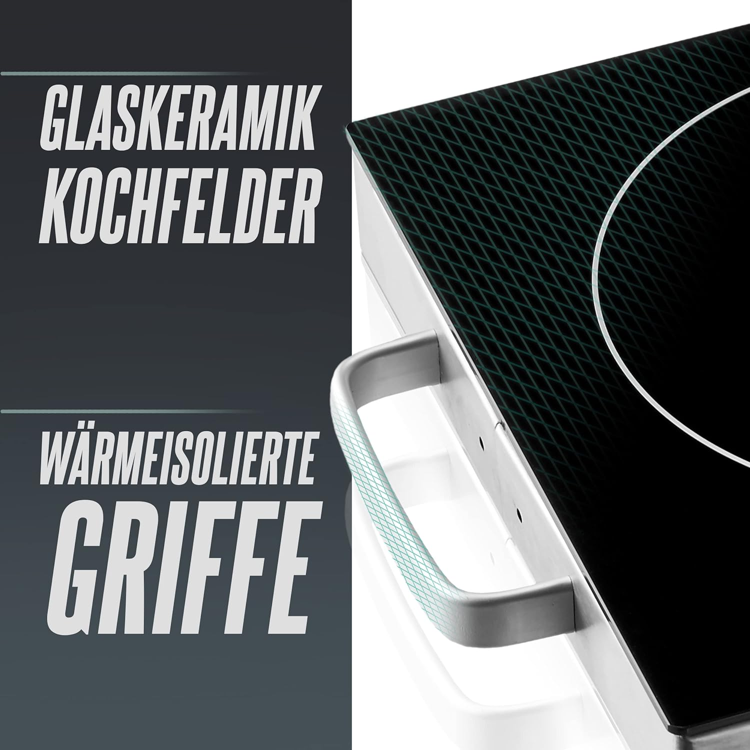 Schwarzes Kochfeld mit Griff. Text auf Deutsch: 'Glas Keramik Kochfelder' und 'Wärmeisolierte Griffe'.