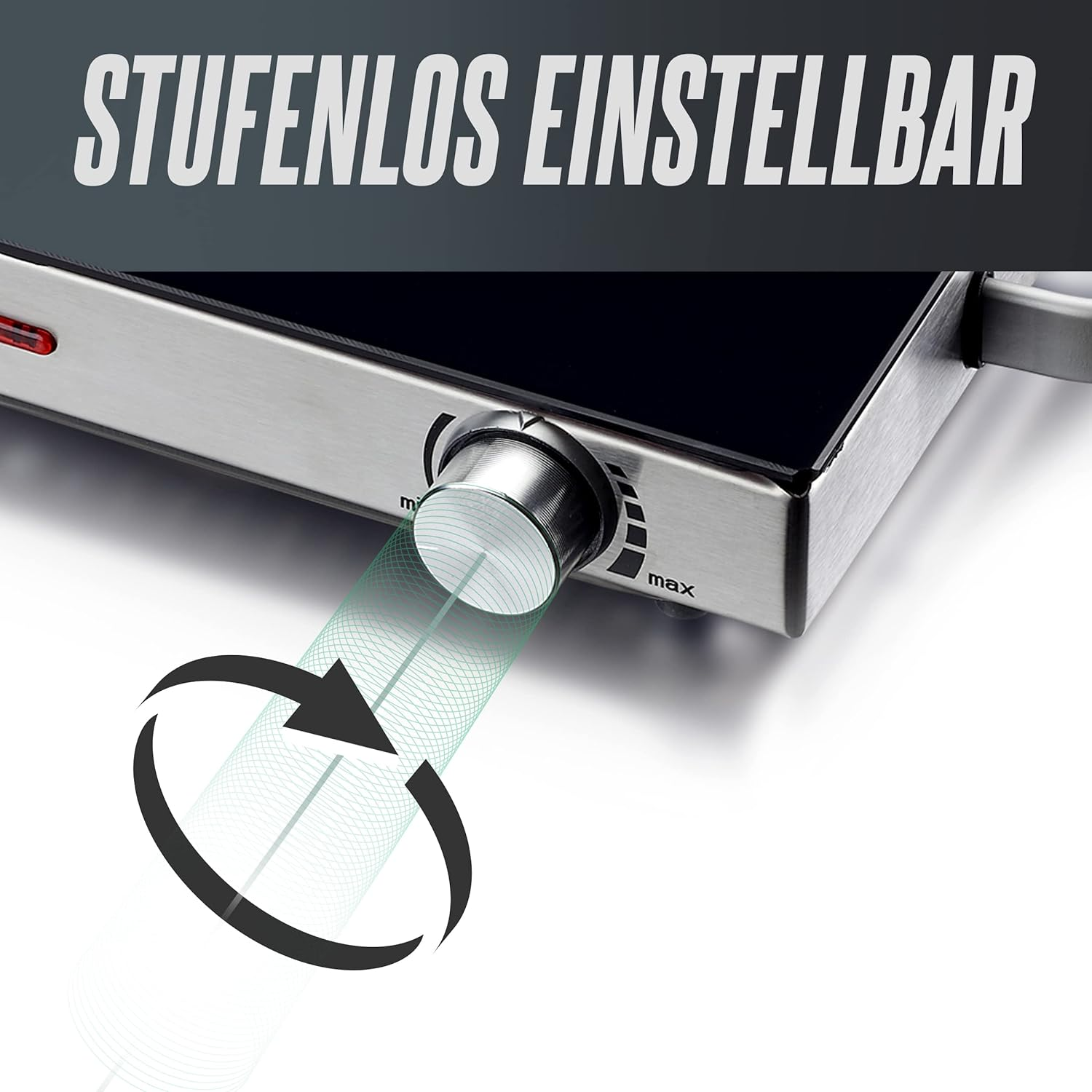 Eine Nahaufnahme eines Herdes mit einem Knopf, der für eine stufenlose Einstellung angepasst werden kann.