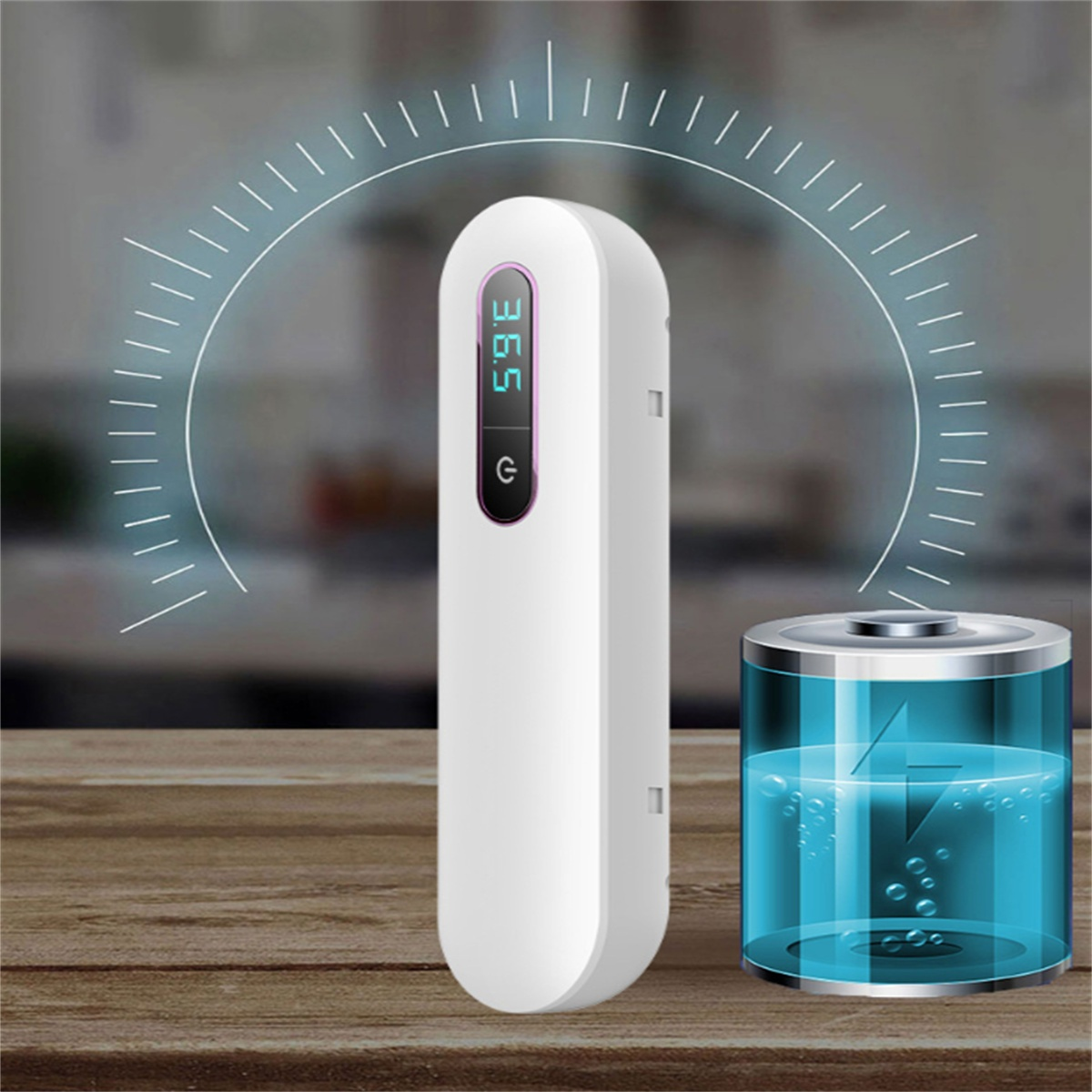 Weißes Gerät mit Bildschirm, der 36,5 anzeigt, mit einer Batterie daneben. Das Gerät hat einen Kreis.